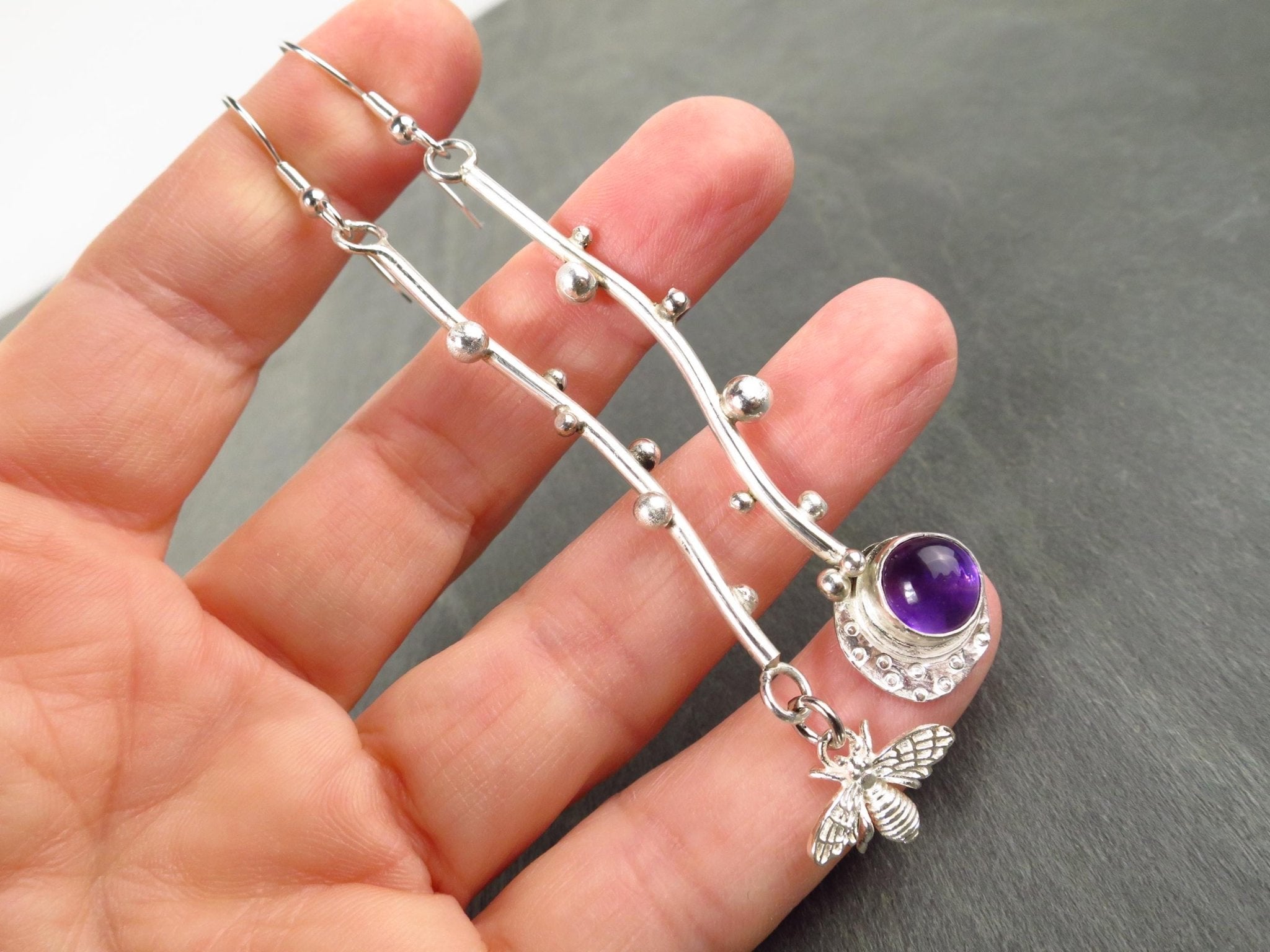 Amethyst Ohrhänger Silber Amethyst Silber Ohrringe Silber Biene Unikat Boho Ohrhänger lange Stein Ohrringe Lila Stein Silber Ohrschmuck