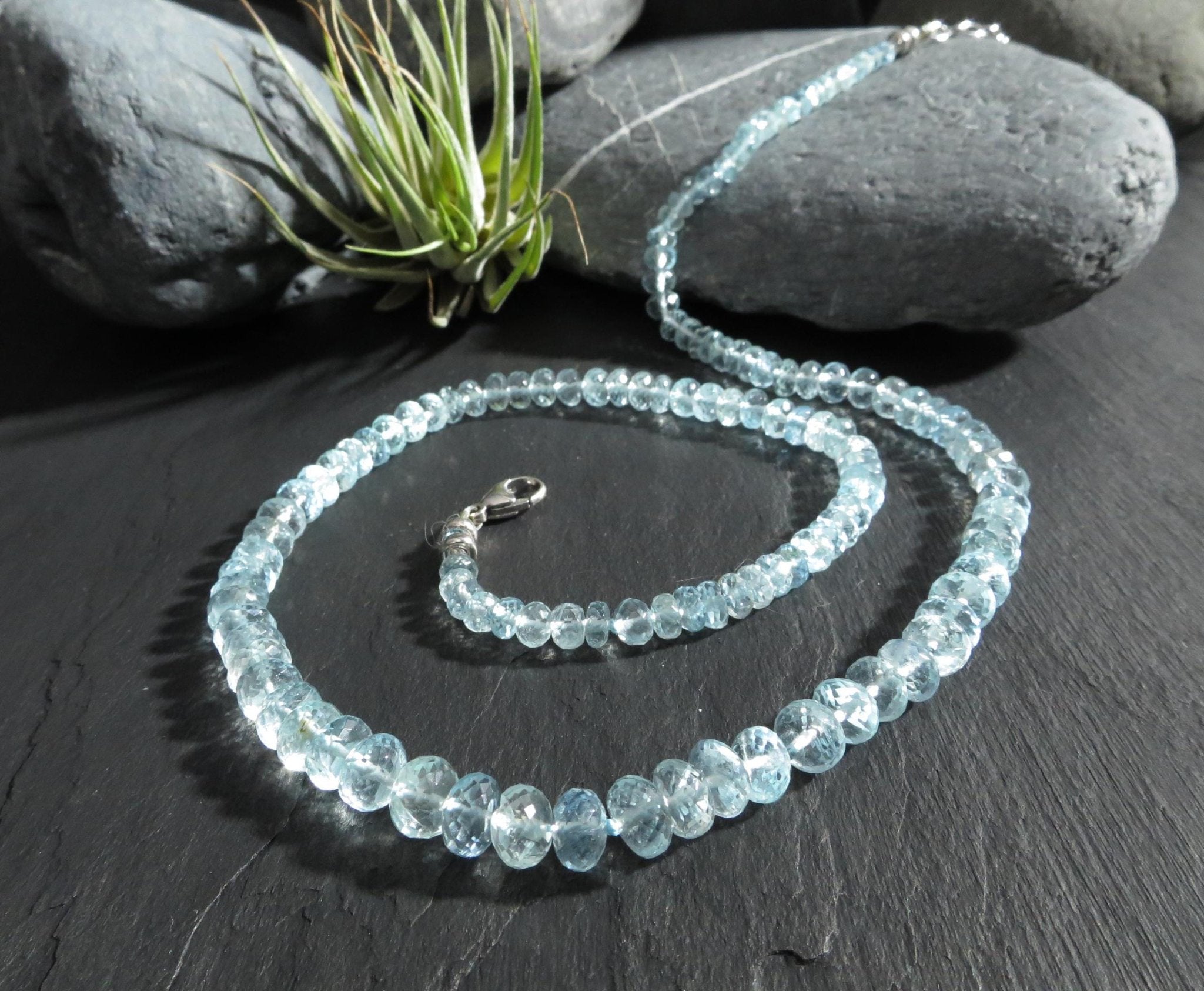 Aquamarin Kette Natur Edelstein Perlen Collier Silber