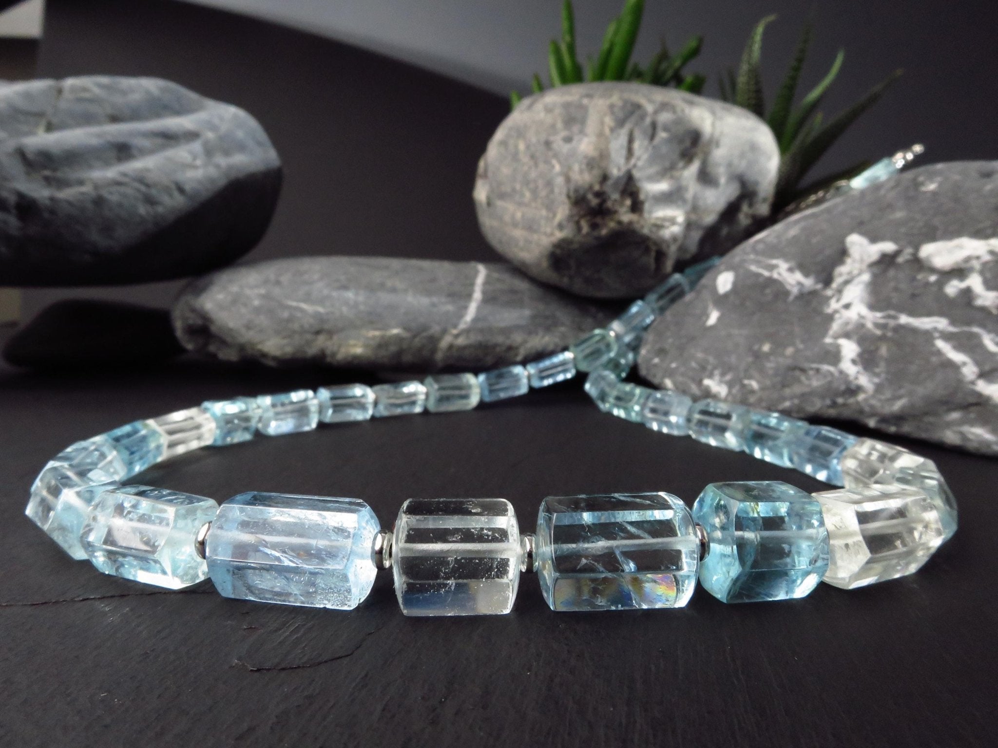 Aquamarin Kette Silber Naturkristalle 53cm blau