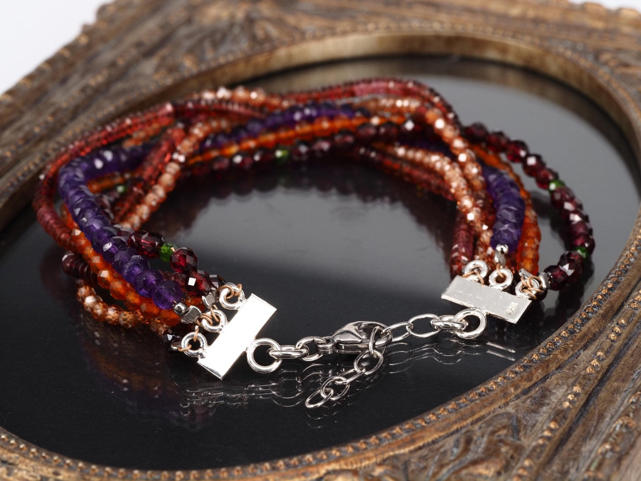 Armband Silber Granat Armband Bunt mehrreihiges Edelstein Armband Herbst Farben Granat Armband geflochten Edelstein rot Armband Silber