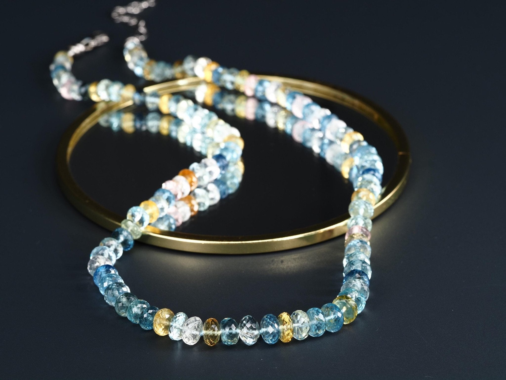 Beryll Collier – Morganit, Heliodor & Aquamarin facettiert, handgeknüpftes Edelstein Collier