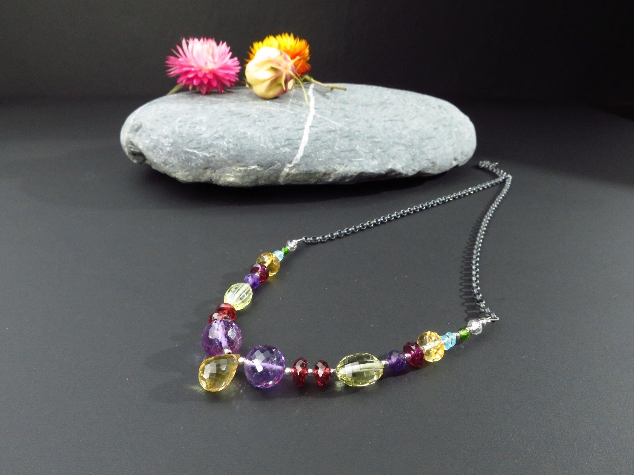 Bunte Citrin Tropen Amethyst Granat Kette facettiert