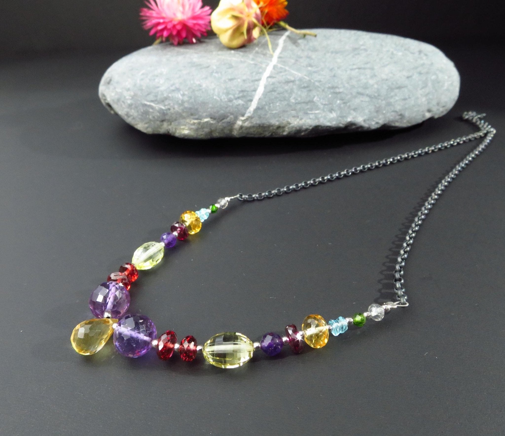 Bunte Citrin Tropen Amethyst Granat Kette facettiert