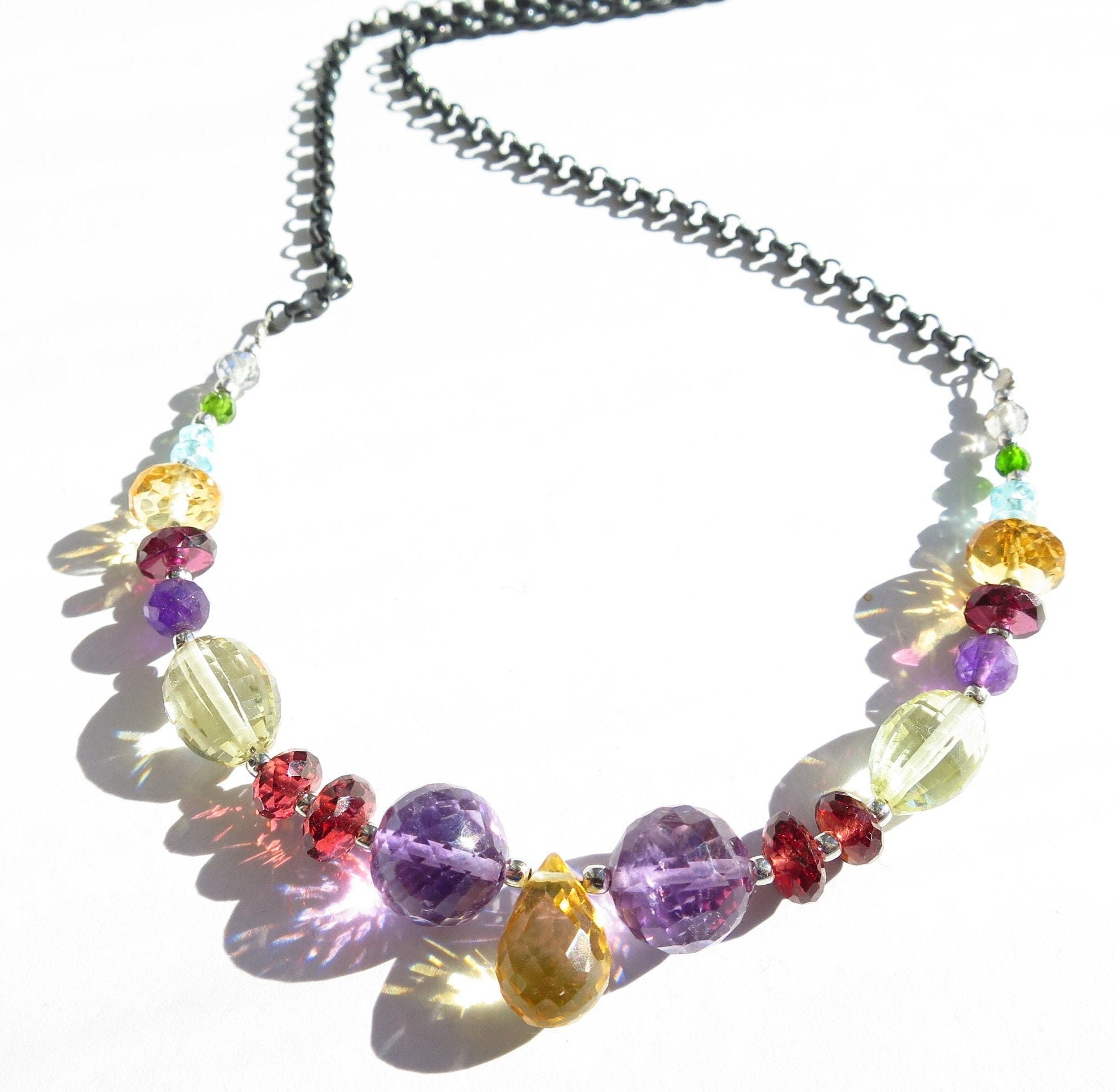 Bunte Citrin Tropen Amethyst Granat Kette facettiert