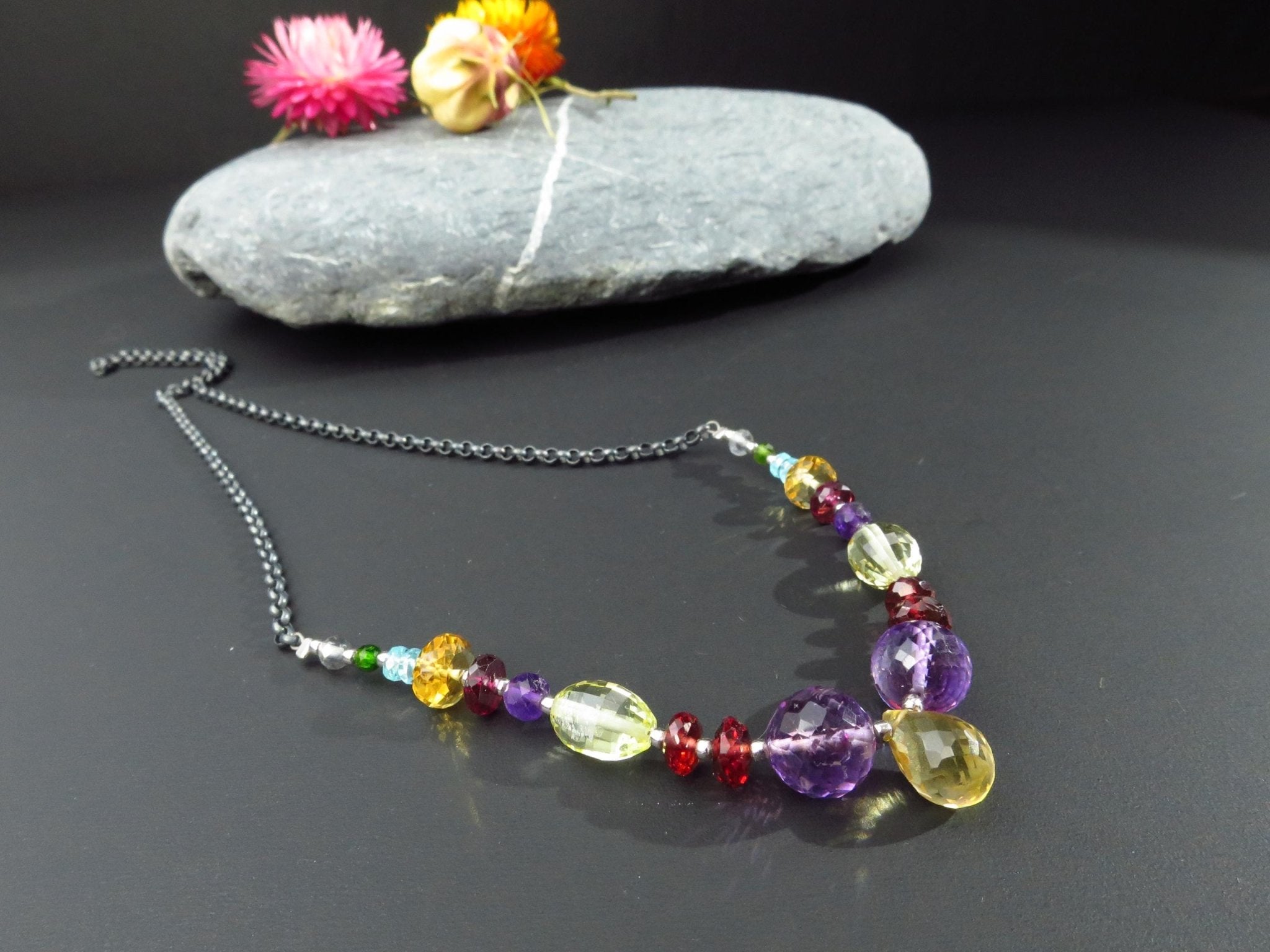 Bunte Citrin Tropen Amethyst Granat Kette facettiert