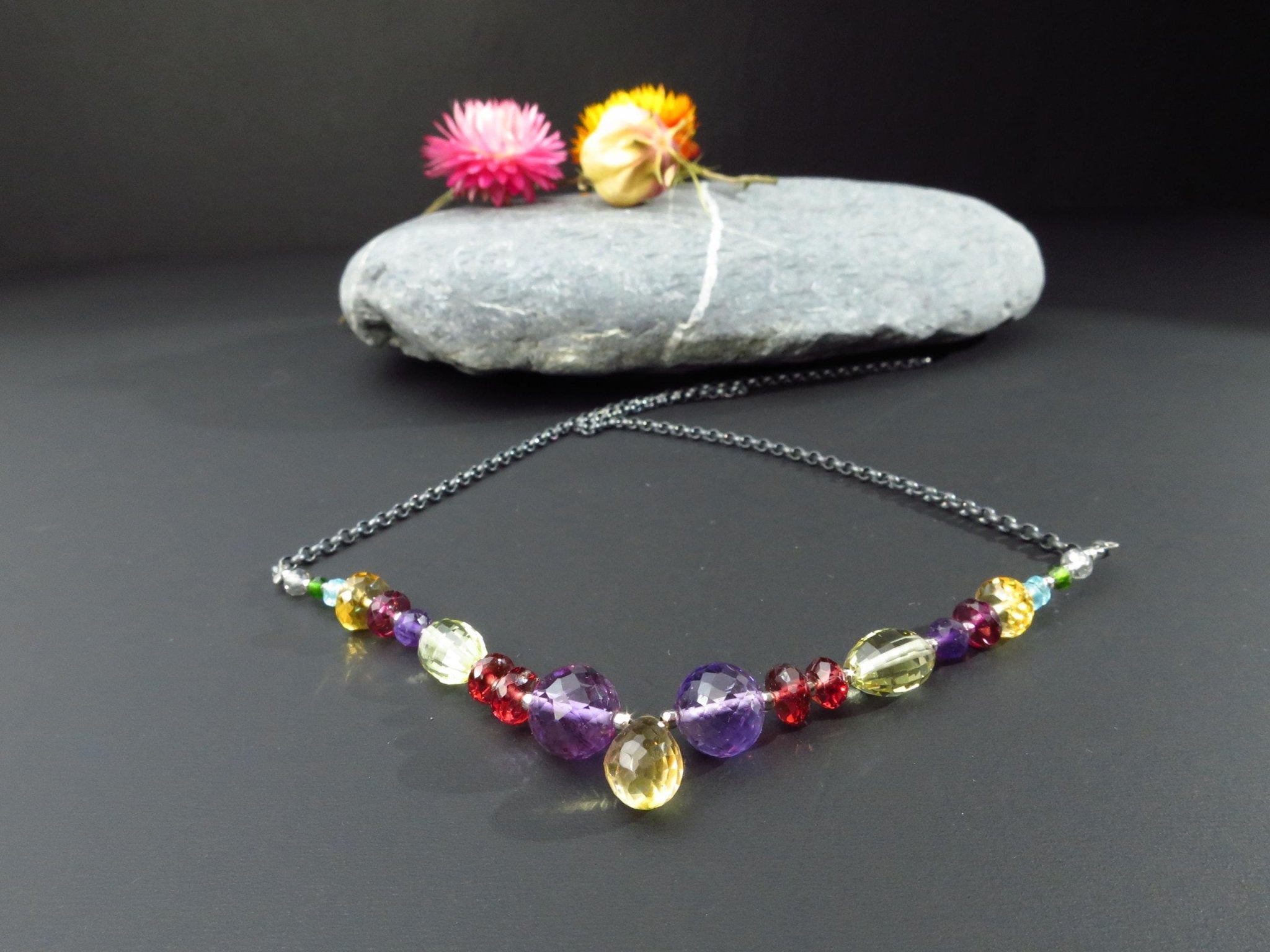 Bunte Citrin Tropen Amethyst Granat Kette facettiert