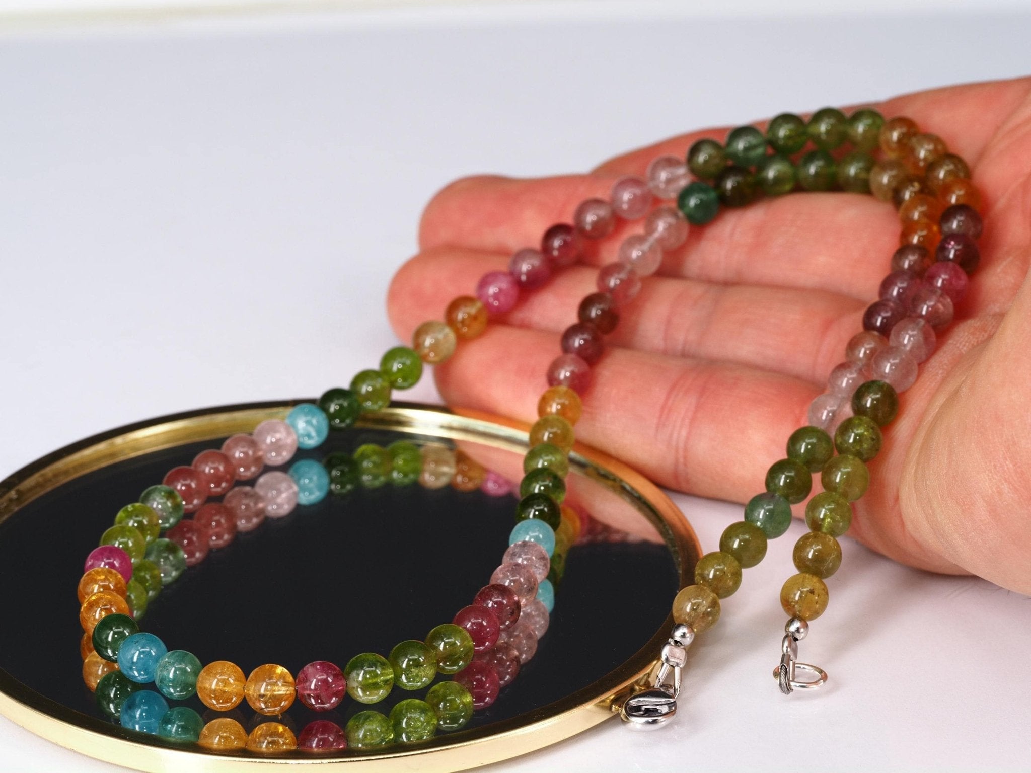 Bunte Turmalin Kette mit 6,5 mm • Echte unbehandelte Natursteine • Edelstein Halskette in Kugelform