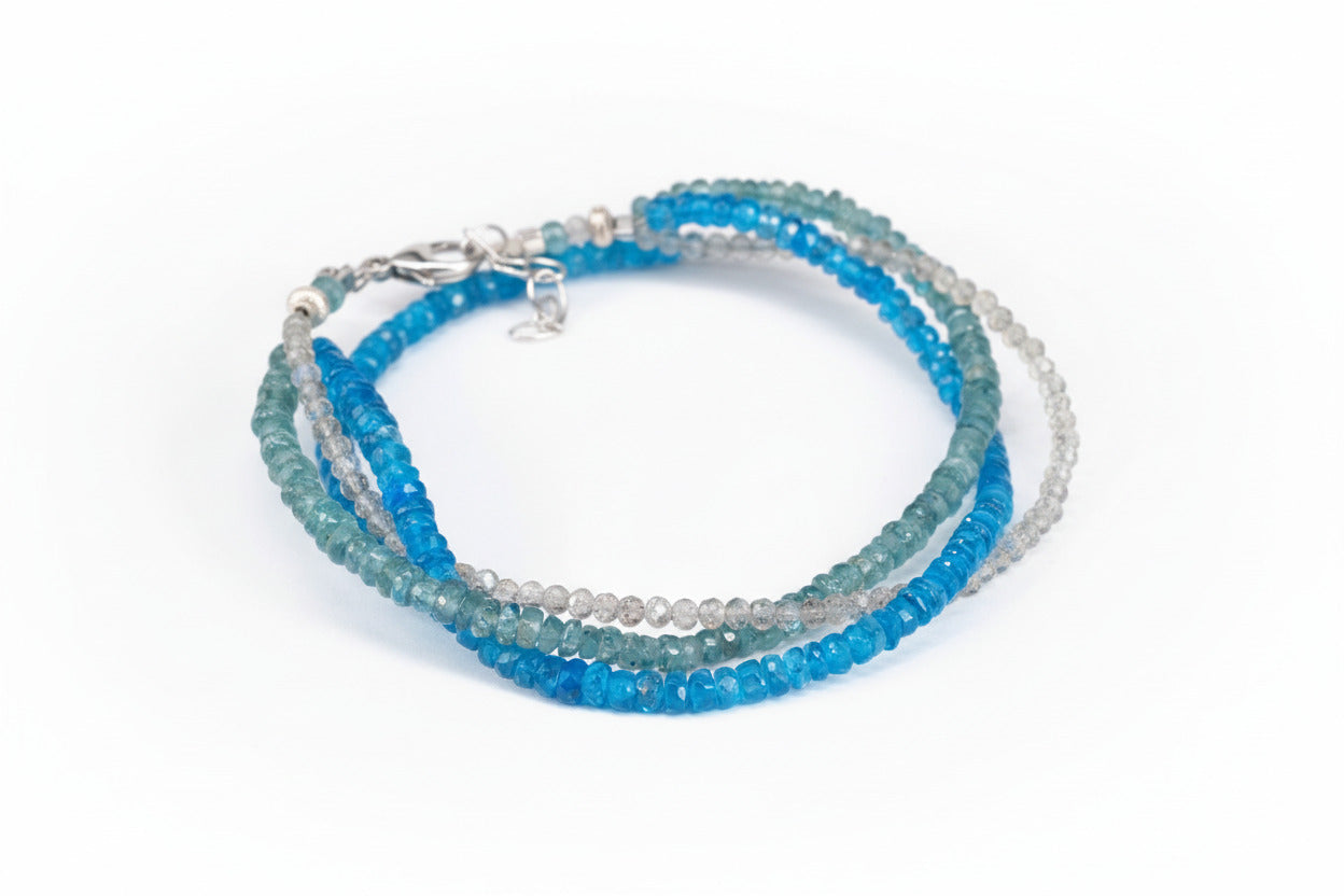 Drei reihiges Edelstein - Armband natürlicher unbehandelter Edelsteine blauer Turmalin Apatit und Labradorit facettiert Sterling Silber Unikat