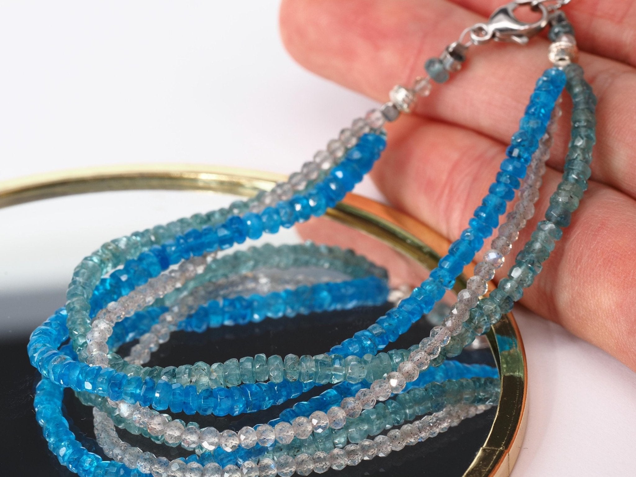 Drei reihiges Edelstein - Armband natürlicher unbehandelter Edelsteine blauer Turmalin Apatit und Labradorit facettiert Sterling Silber Unikat