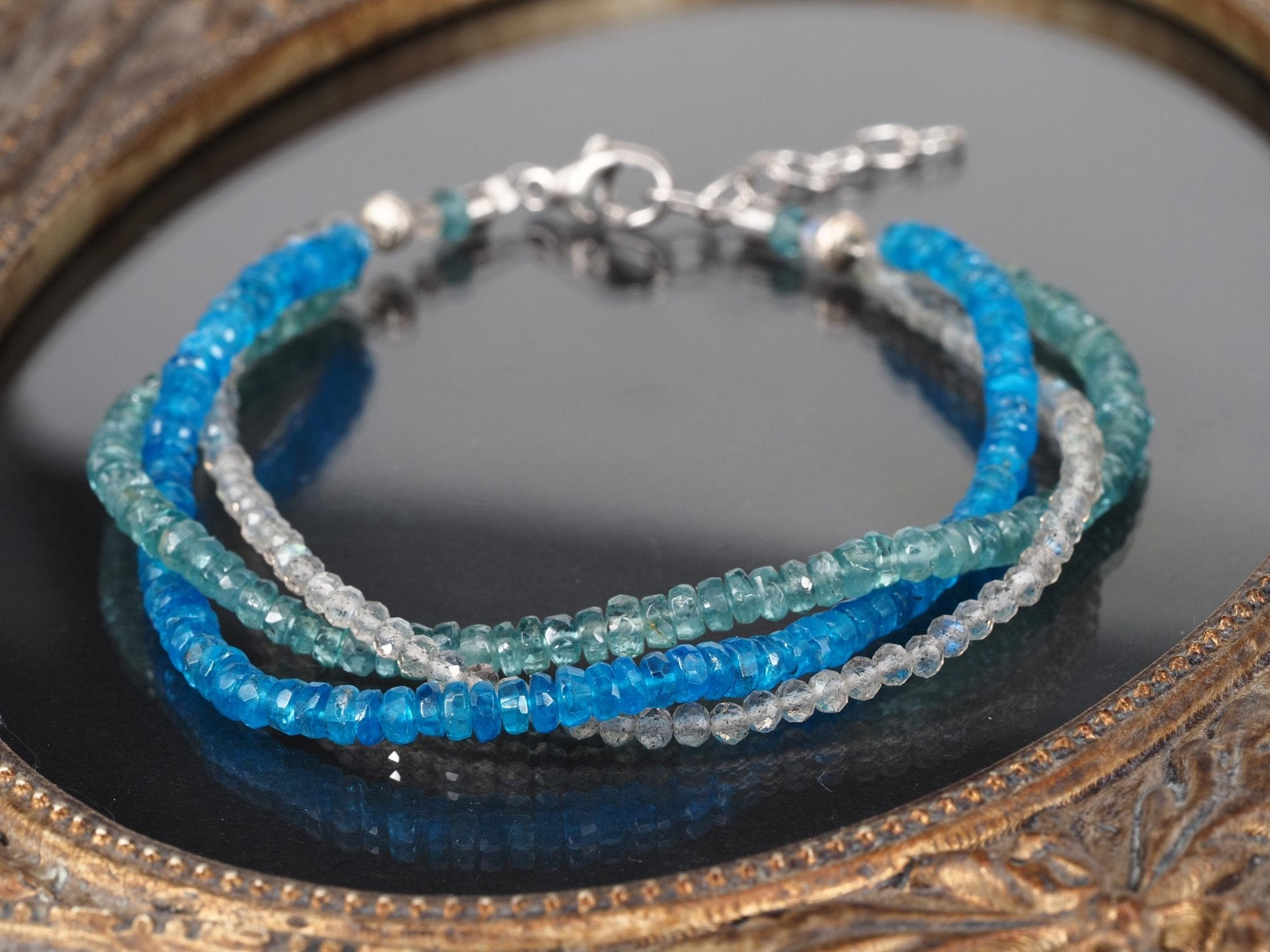 Drei reihiges Edelstein - Armband natürlicher unbehandelter Edelsteine blauer Turmalin Apatit und Labradorit facettiert Sterling Silber Unikat