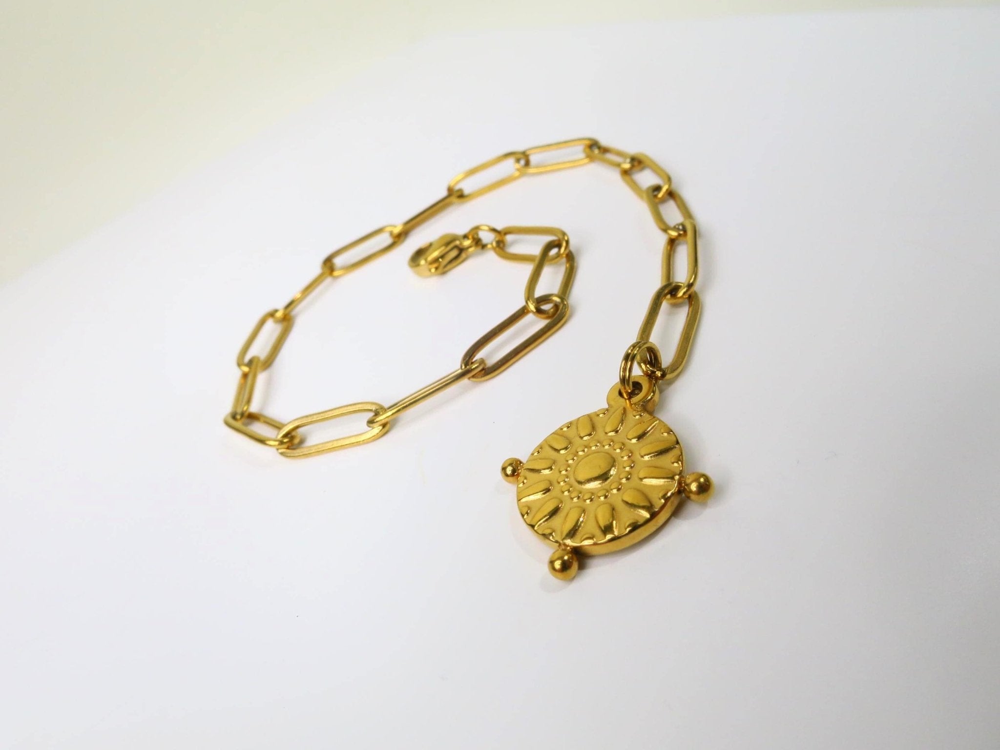 Edelstahl Paperclip Armband 18 Karat PVD Gold beschichteten Edelstahl Sonnen Anhänger