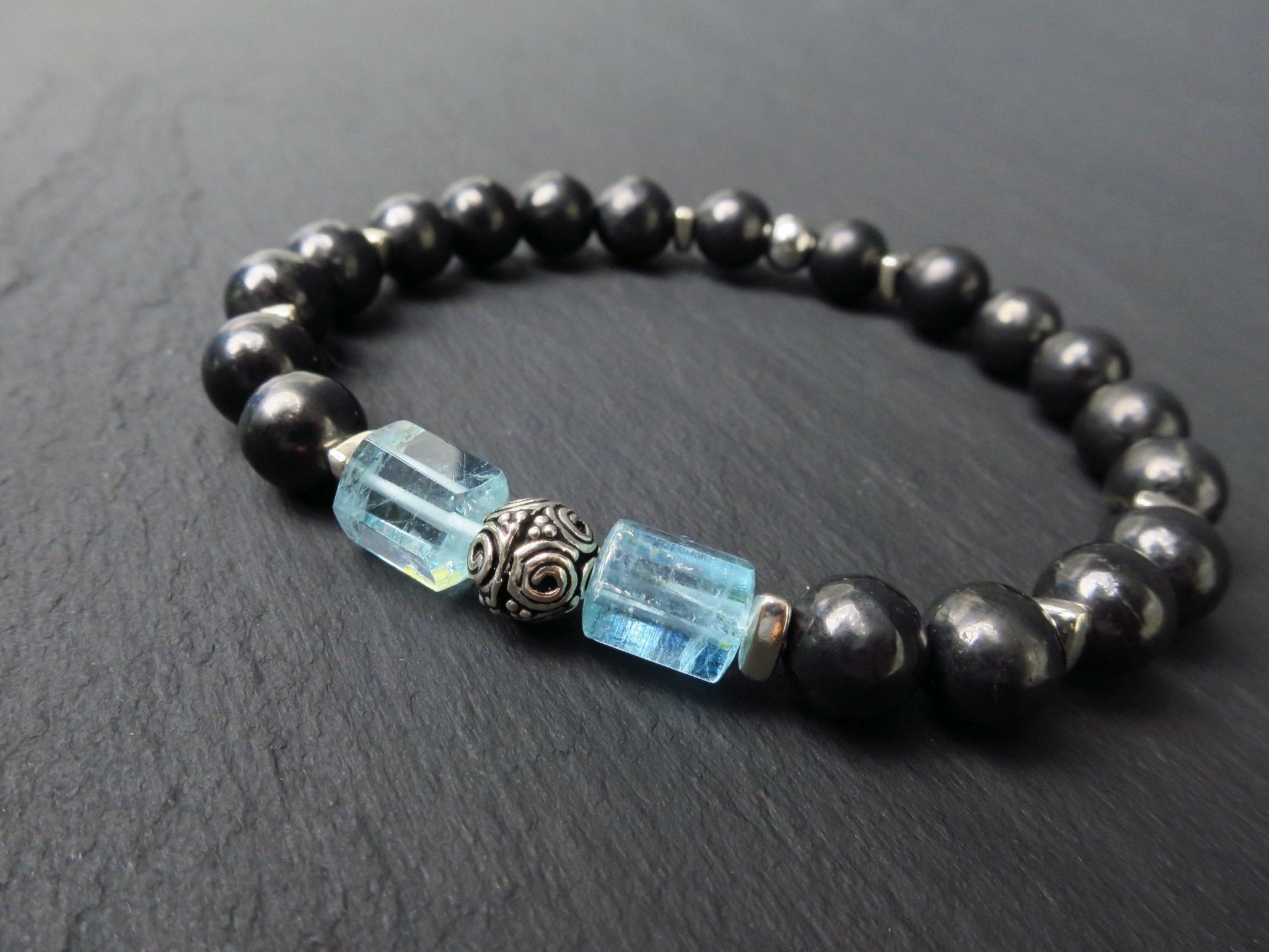 Edelstein Armband Aquamarin und Schungit für Männer