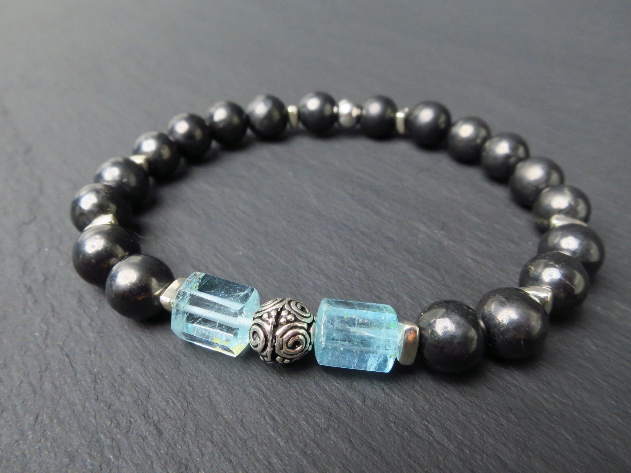 Edelstein Armband Aquamarin und Schungit für Männer