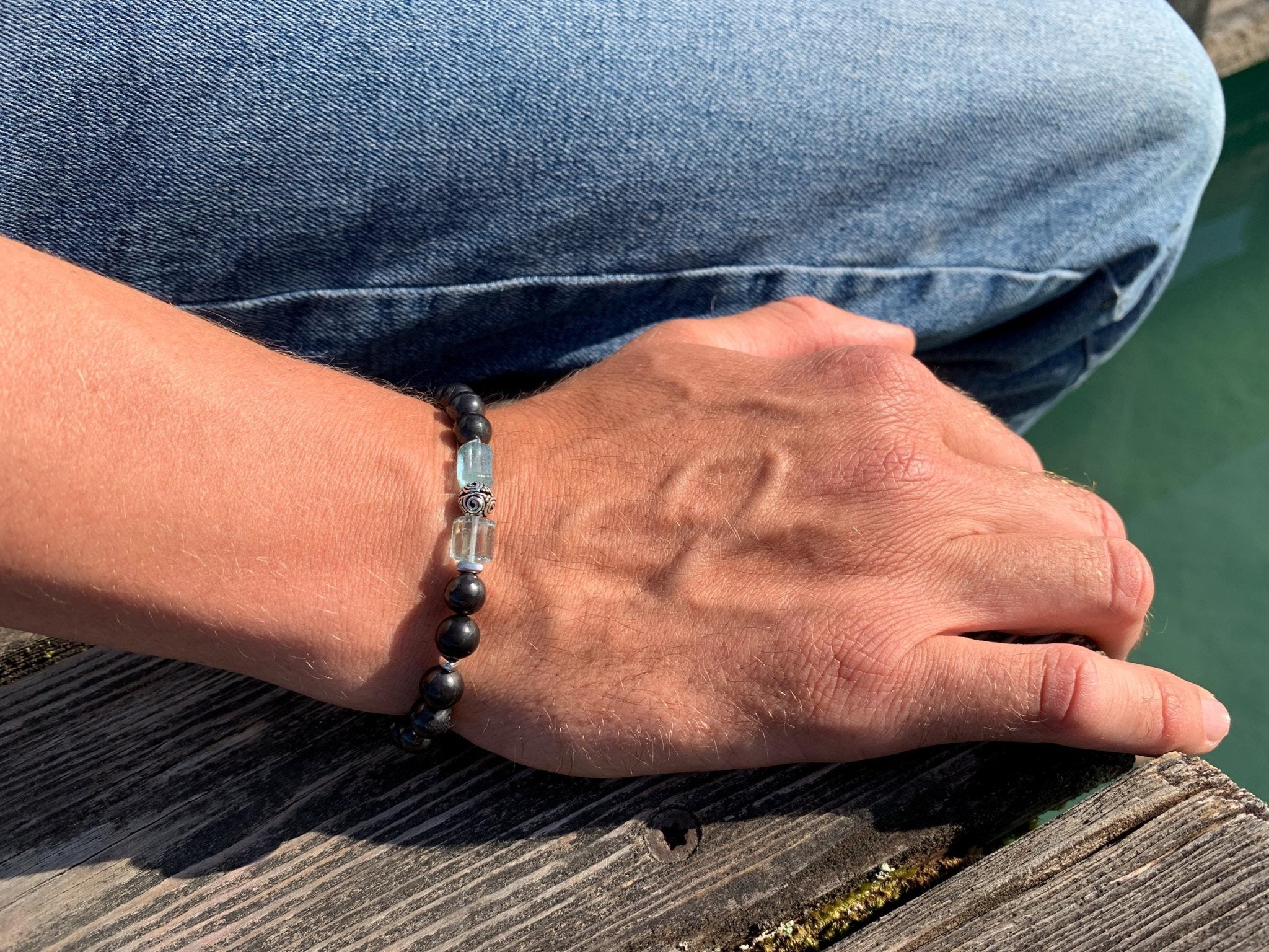Edelstein Armband Aquamarin und Schungit für Männer