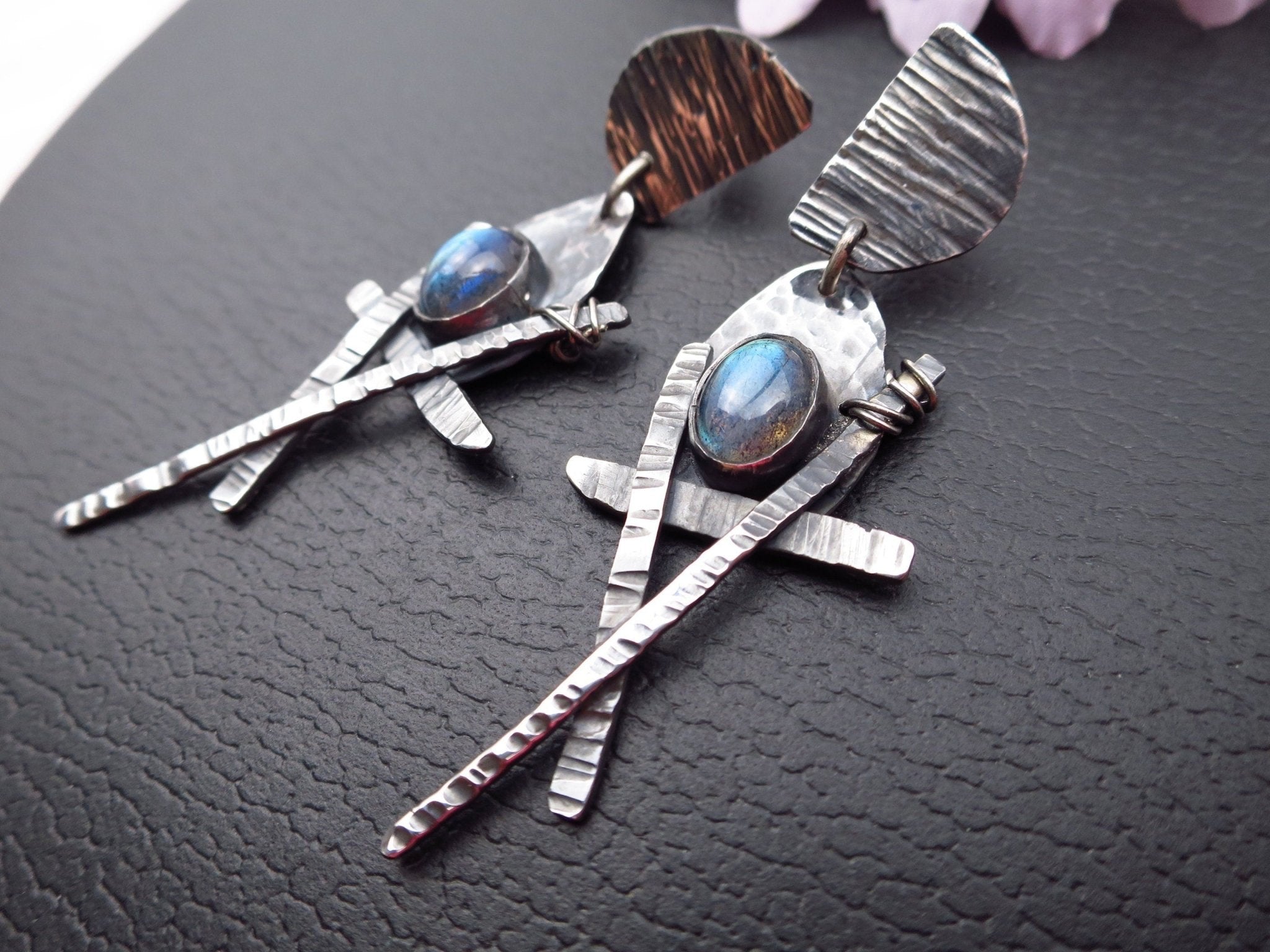 Fantastische lange AAA Labradorit Cabochon Unikat Edelstein Ohrringe Ohrstecker 925 Sterling Silber geschwärzt Edelstein blau