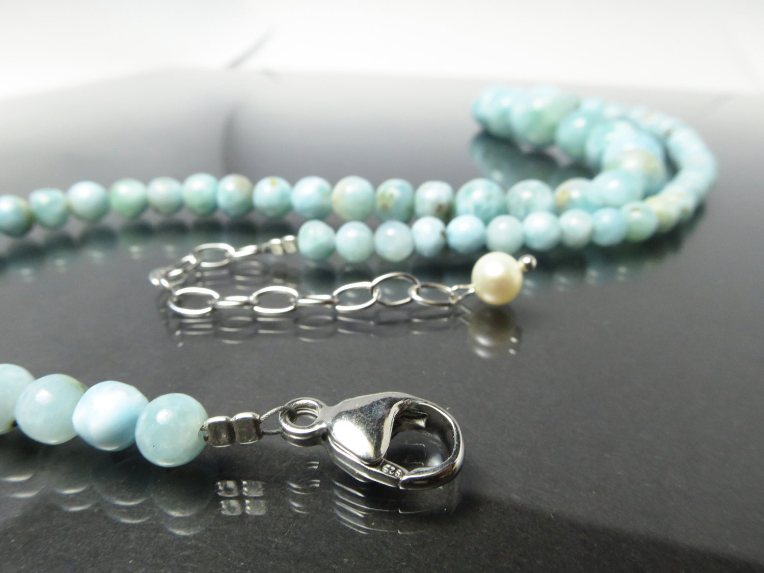 Larimar Kette, blaue Larimar-Perlen in Kugelform, Atlantis-Stein aus der Karibik / natürliche große Larimar Edelstein Halskette Silber