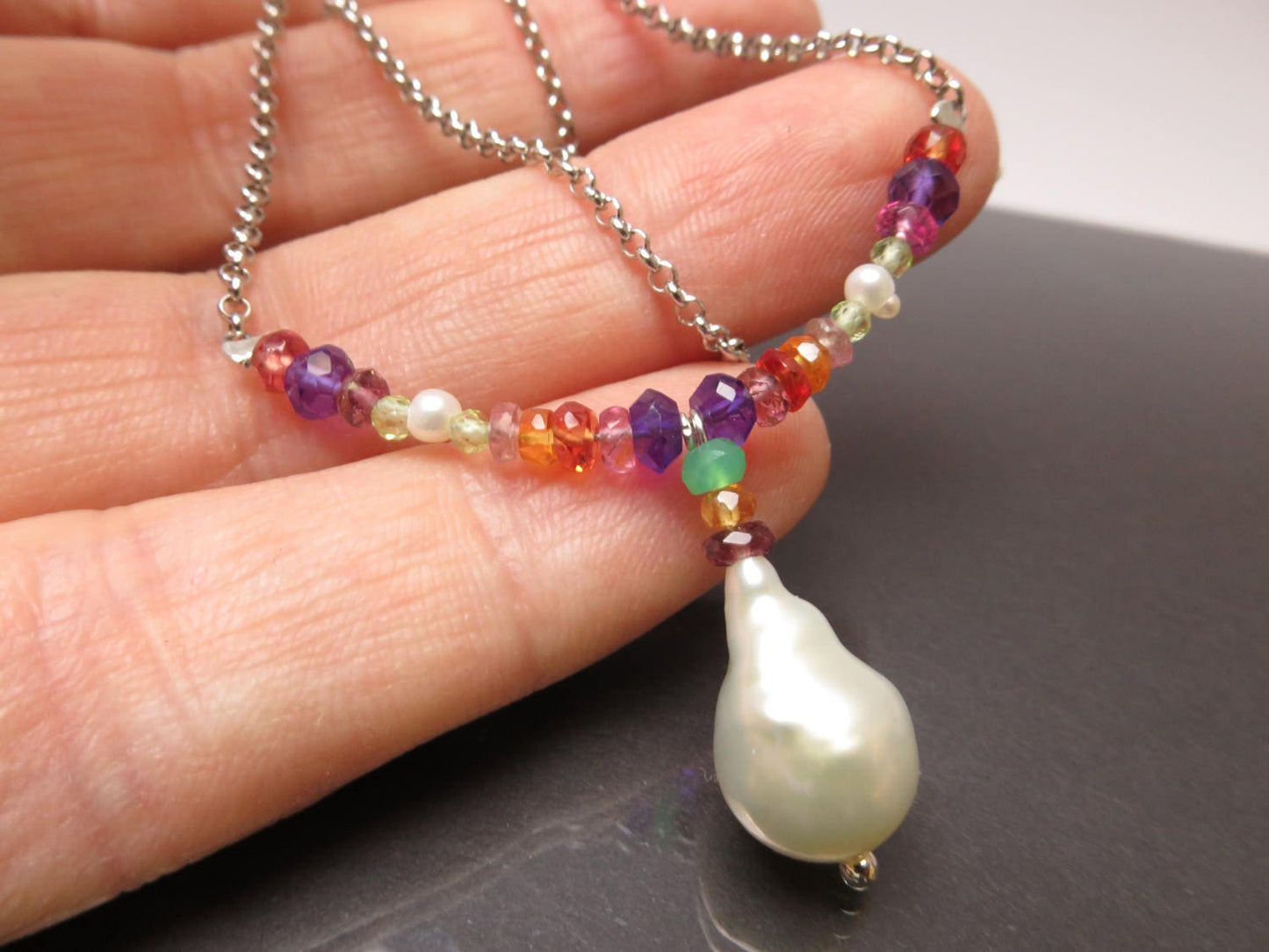 Perle Silber Kette Collier bunt Saphir, Citrin, Amethyst, Kette mit Sterling Silber Padparadscha Saphir Peridot