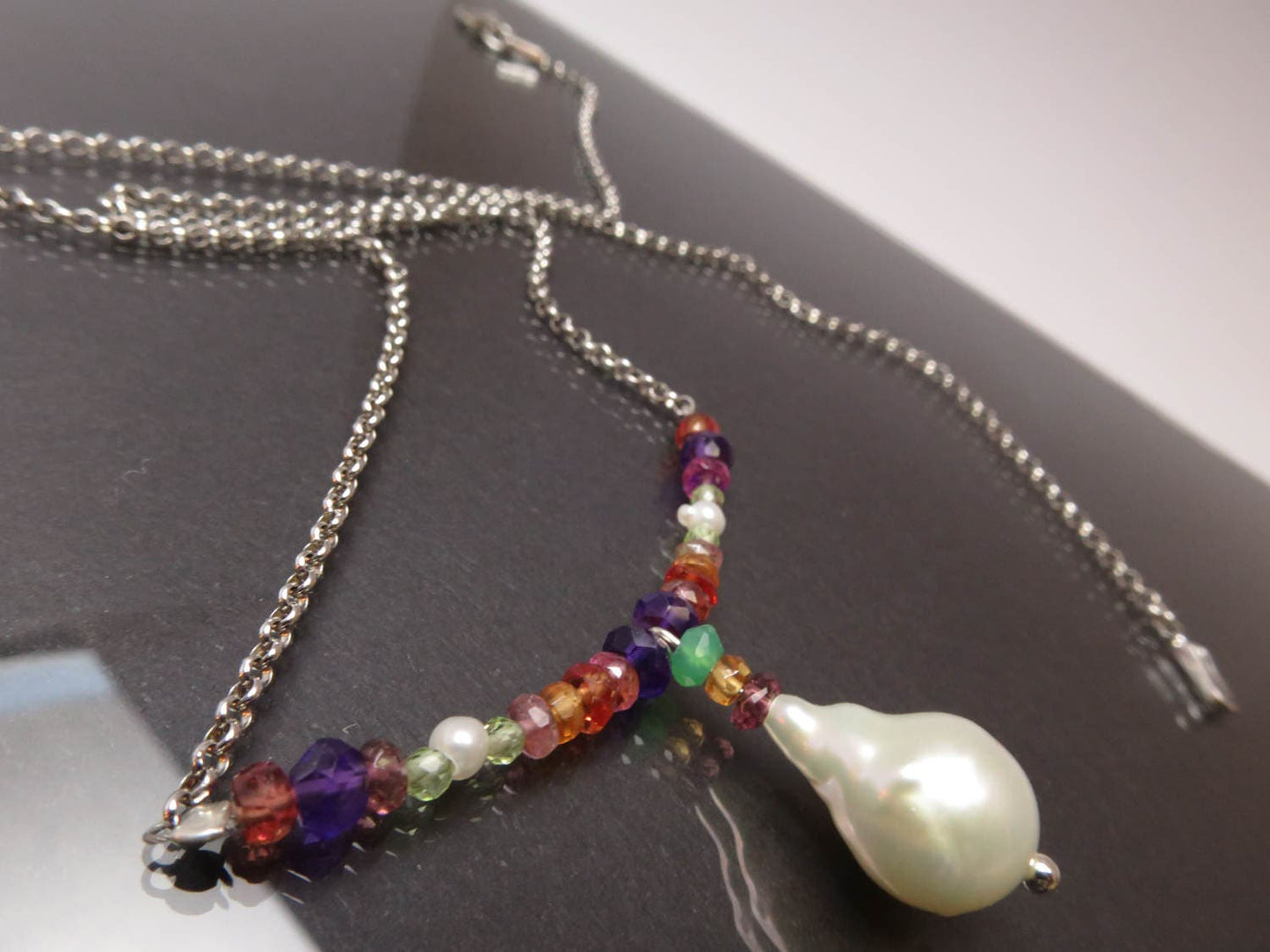 Perle Silber Kette Collier bunt Saphir, Citrin, Amethyst, Kette mit Sterling Silber Padparadscha Saphir Peridot