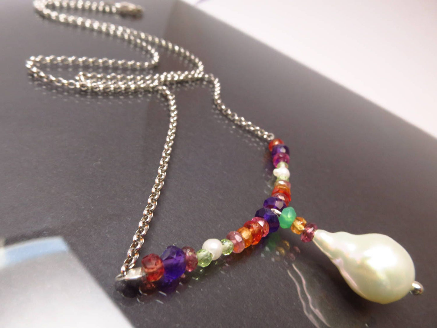 Perle Silber Kette Collier bunt Saphir, Citrin, Amethyst, Kette mit Sterling Silber Padparadscha Saphir Peridot