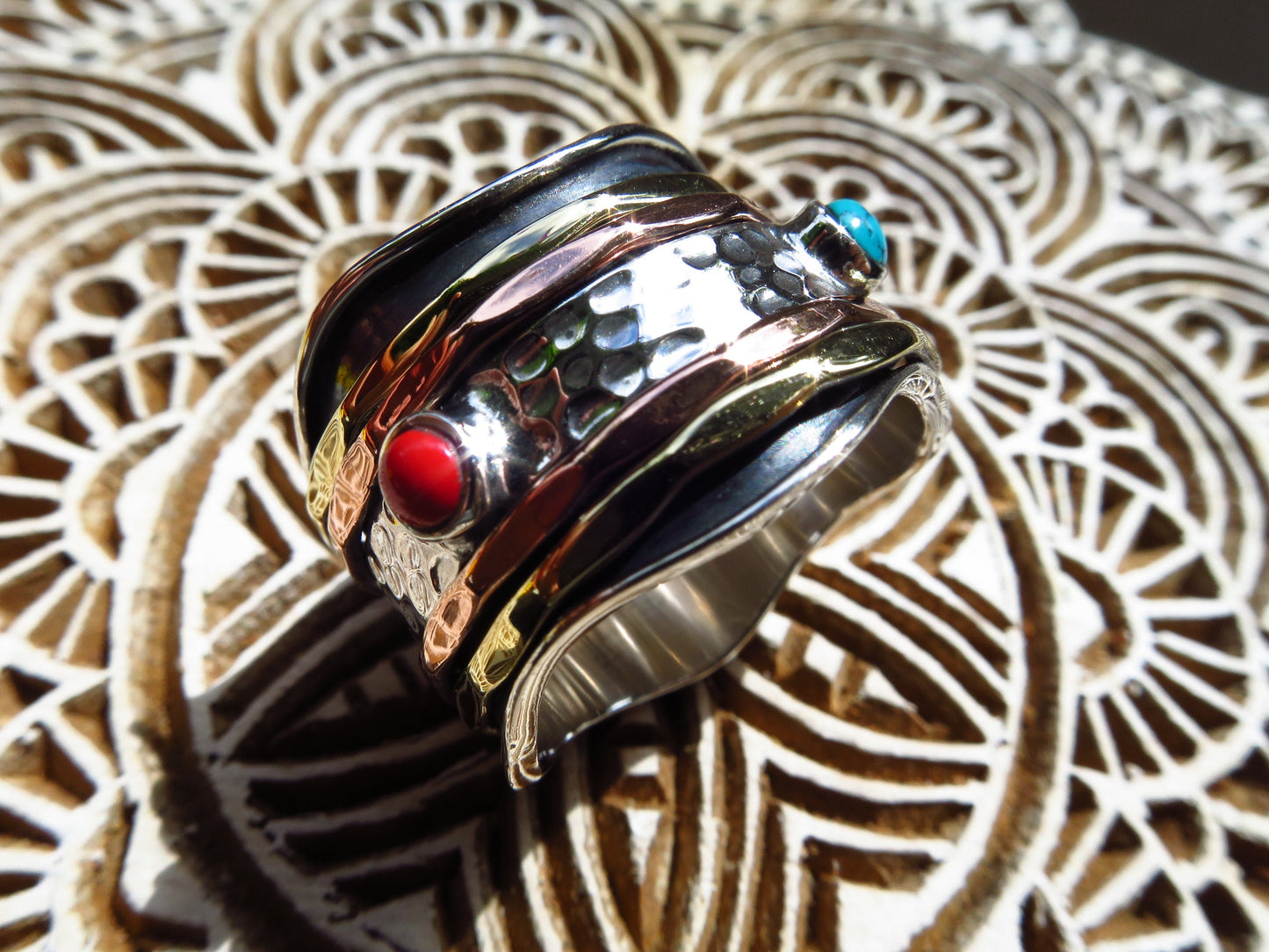 Spinner Ring Türkis Koralle Gr 10 Silber Meditation Entspannung Geburtstag Boho ring Weihnachts Geschenk Sterling Silber Freundschafts ring