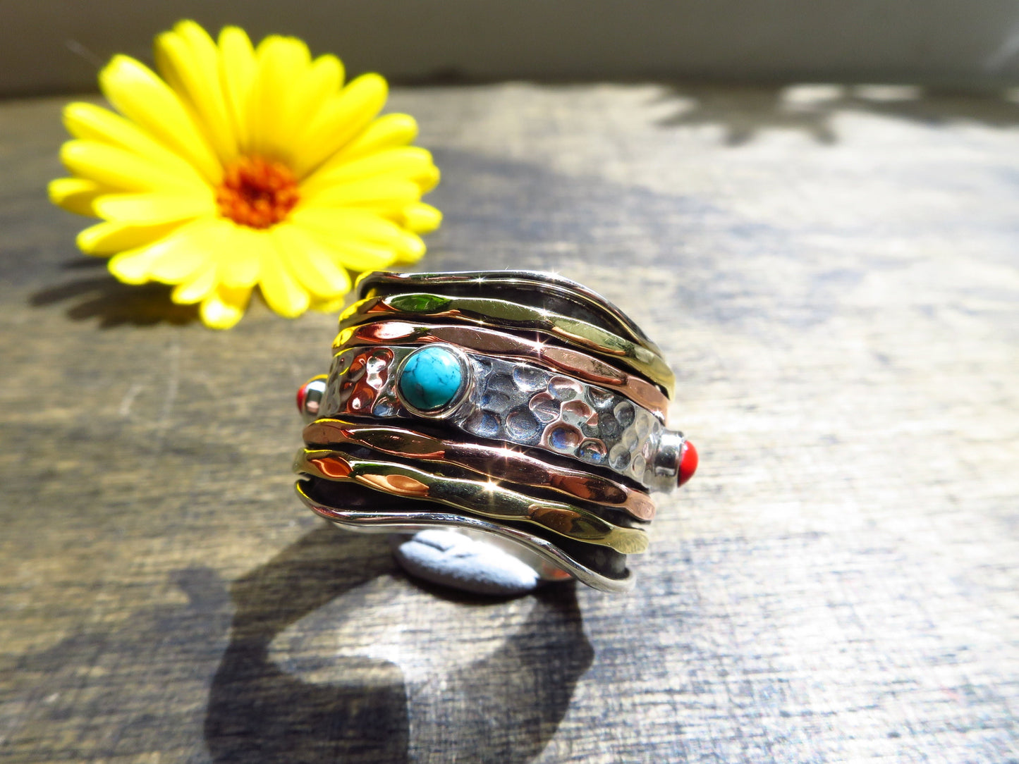 Spinner Ring Meditation Ring Turquoise Coral Worry stacking Unisex Size 9 gemstone 925 gift present birthday gift boho ring fidget ring