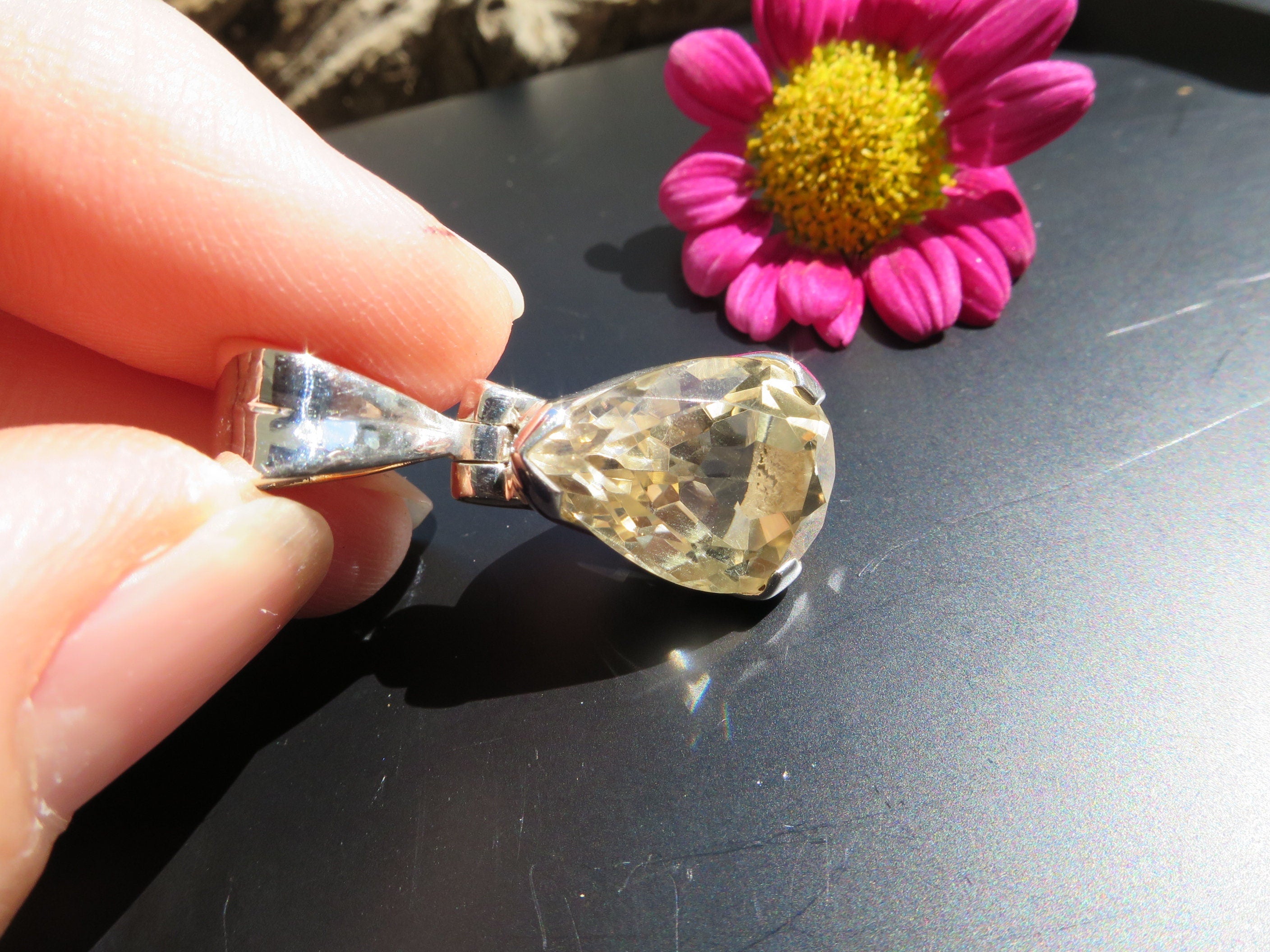 Citrin Anhänger Natur Edelstein gefasst in 925 Silber 29mm