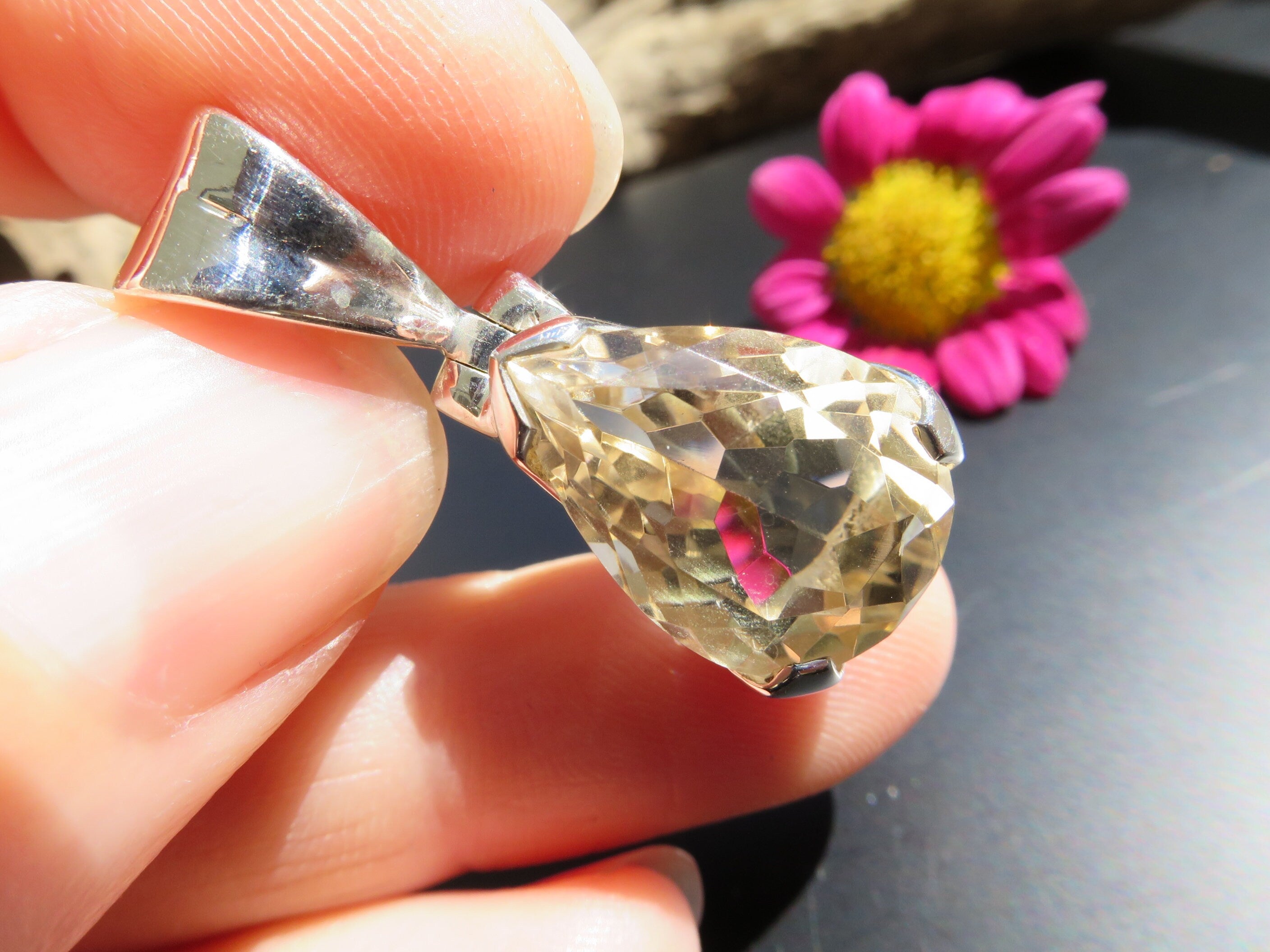 Citrin Anhänger Natur Edelstein gefasst in 925 Silber 29mm