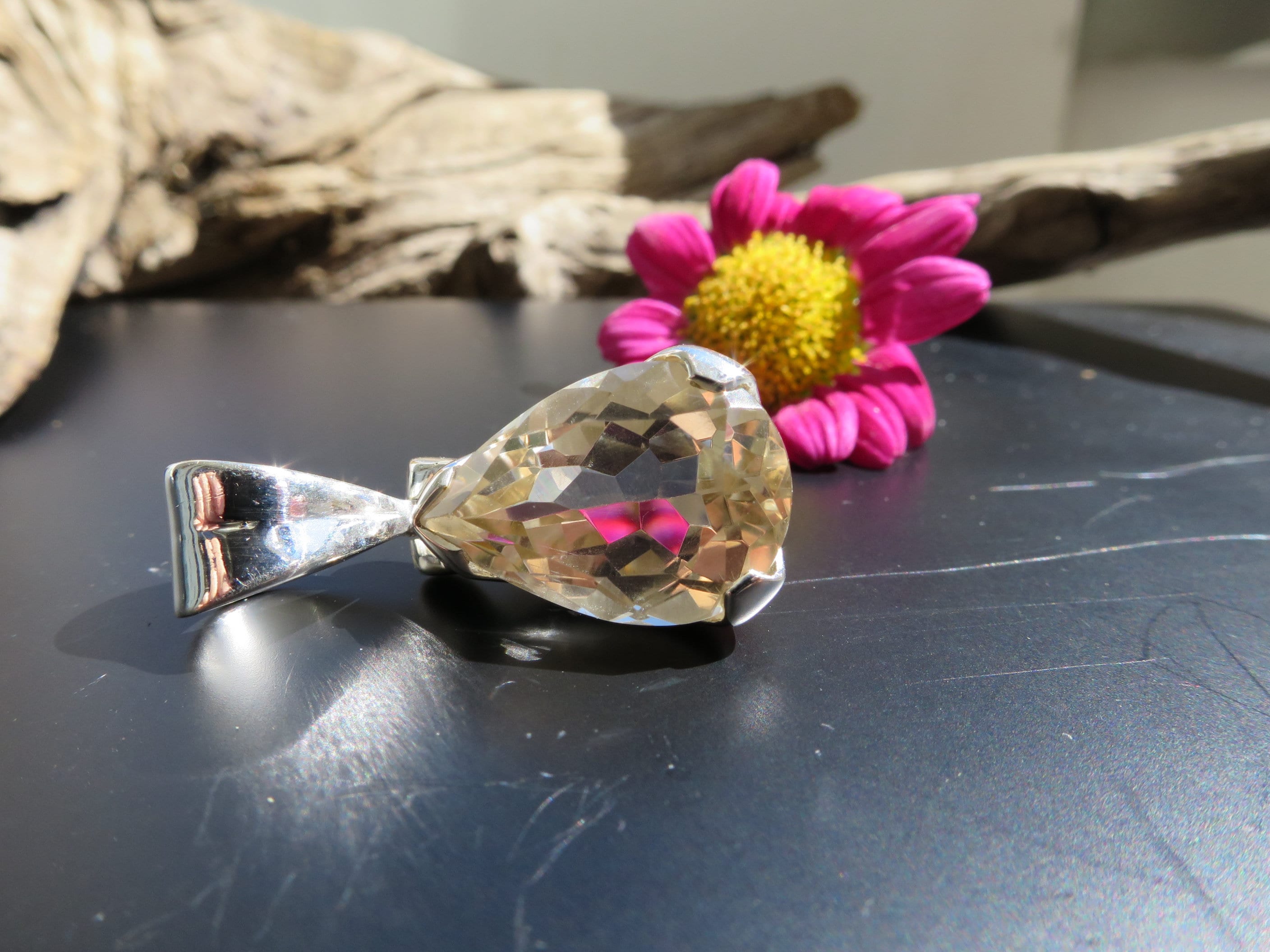 Citrin Anhänger Natur Edelstein gefasst in 925 Silber 29mm