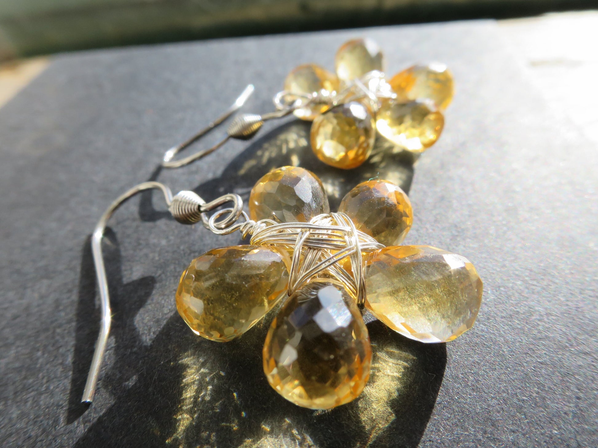 Unique earrings citrine Flower gemstones drops brioletten Stainless steel ear hooks 925 Sterling Silver wire handmade natural gemstones