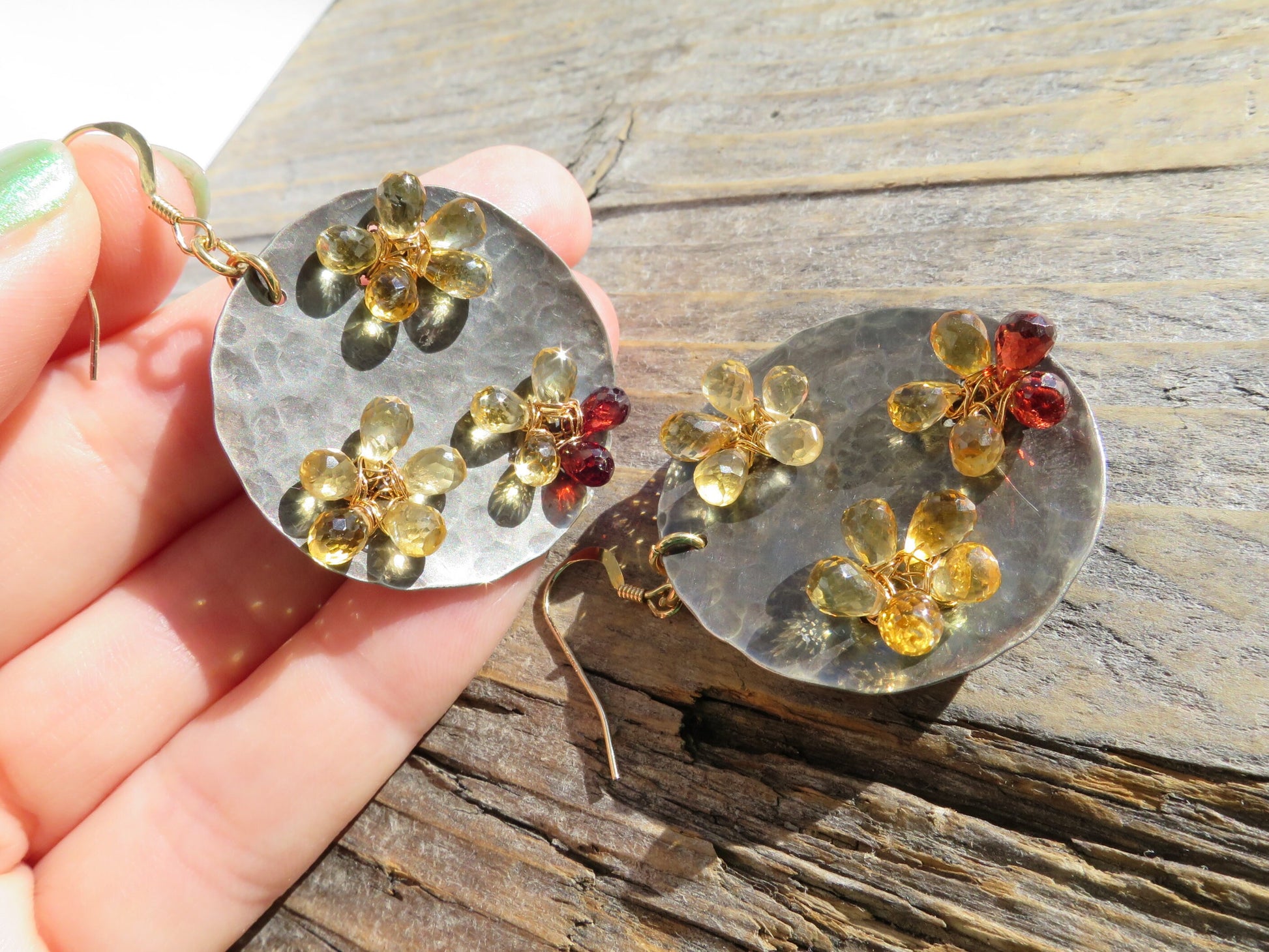 Unique earrings citrine and garnet gemstones drops brioletten gold filled ear hooks set in 925 Sterling Silver handmade natural gemstones