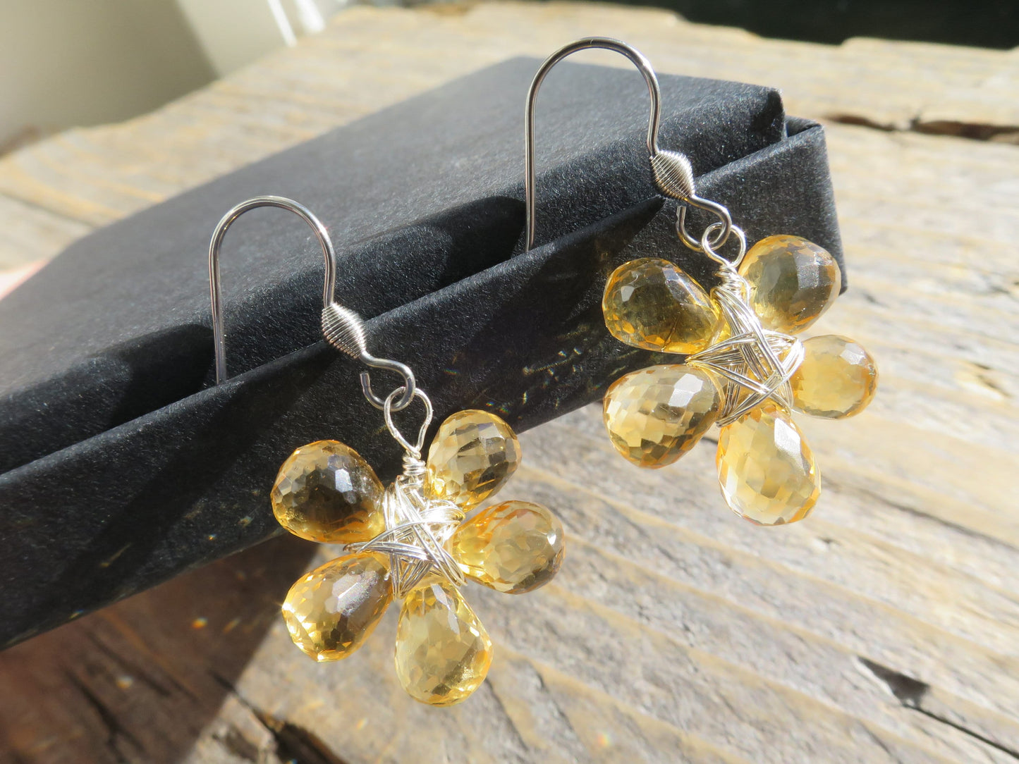 Unique earrings citrine Flower gemstones drops brioletten Stainless steel ear hooks 925 Sterling Silver wire handmade natural gemstones