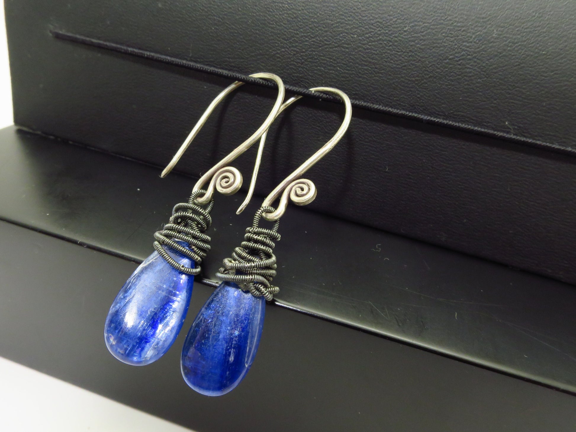 Unique earrings Kyanite gemstones blue silver ear hooks unique earrings long Drops handmade unique gem earrings tribal earrings blue gem
