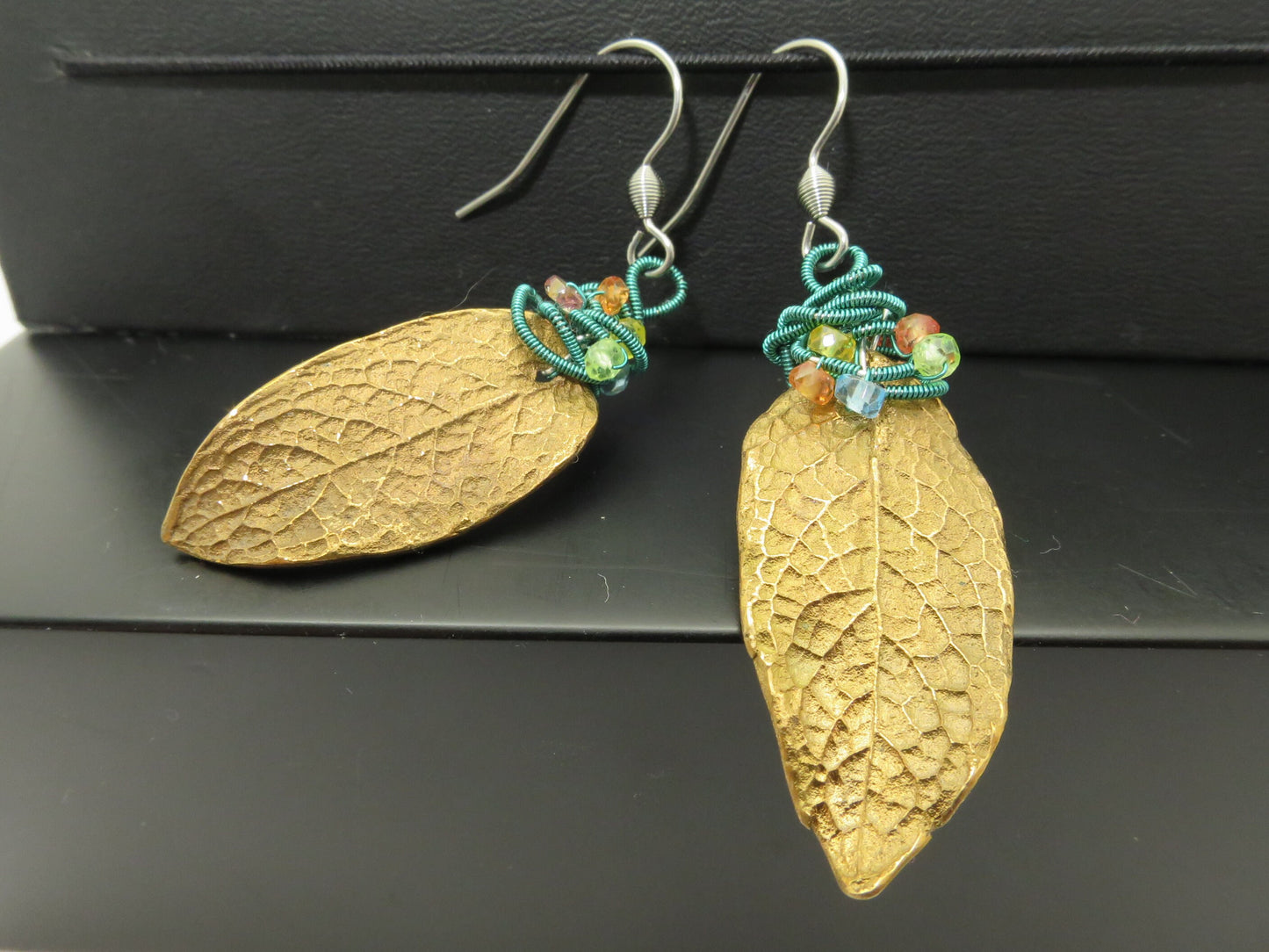 Magical bronze earrings mint leaf from the garden stainless steel ear hook with colorful gemstones