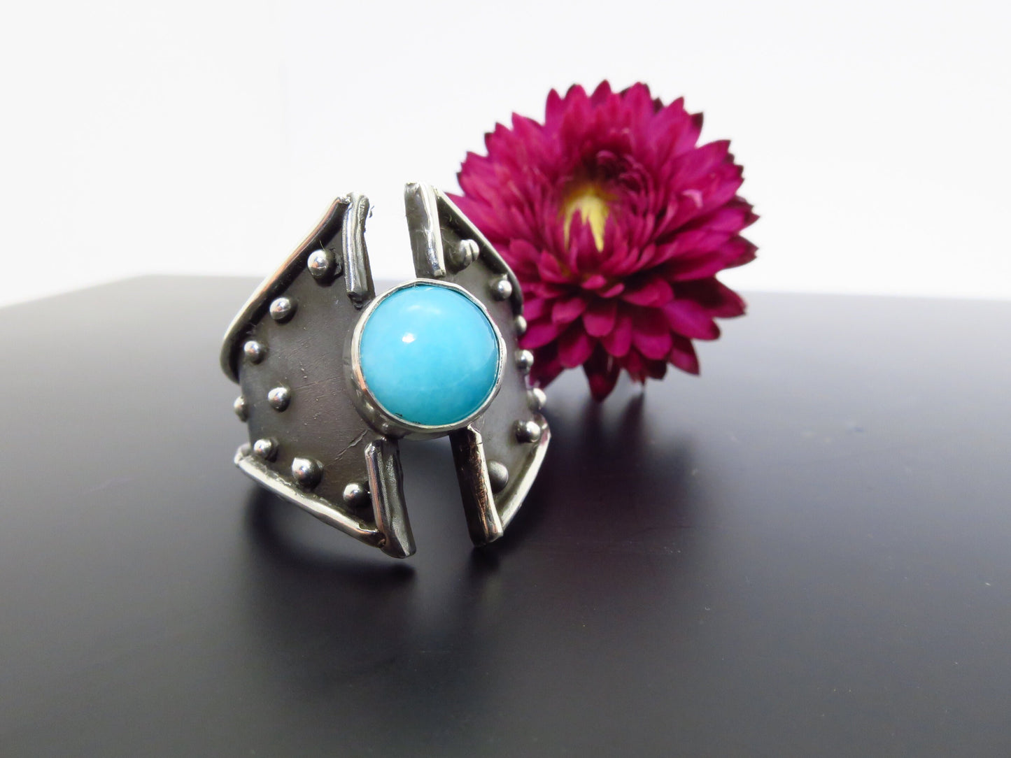 Beautiful amazonite ring Size 7,5 set in 925 sterling silver unique piece gemstone Natural handmade amazonite cabochon biker ring