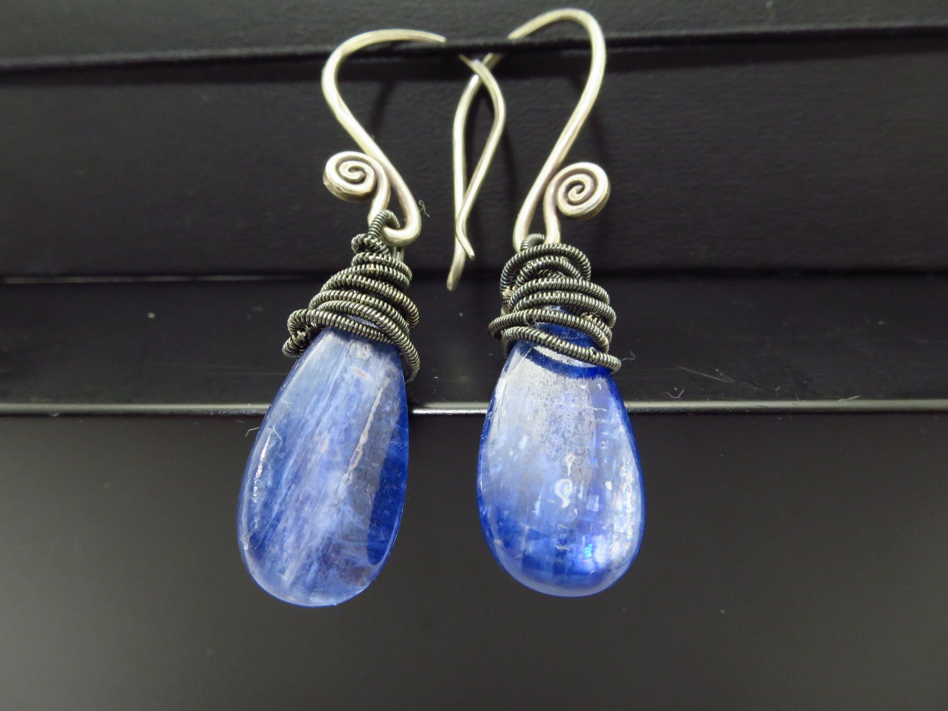 Unique earrings Kyanite gemstones blue silver ear hooks unique earrings long Drops handmade unique gem earrings tribal earrings blue gem