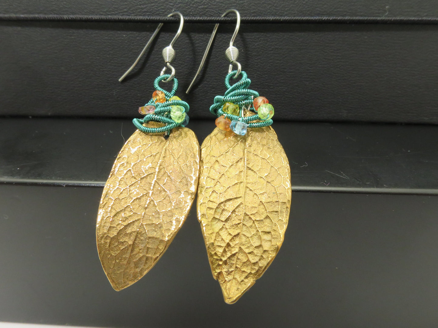 Magical bronze earrings mint leaf from the garden stainless steel ear hook with colorful gemstones