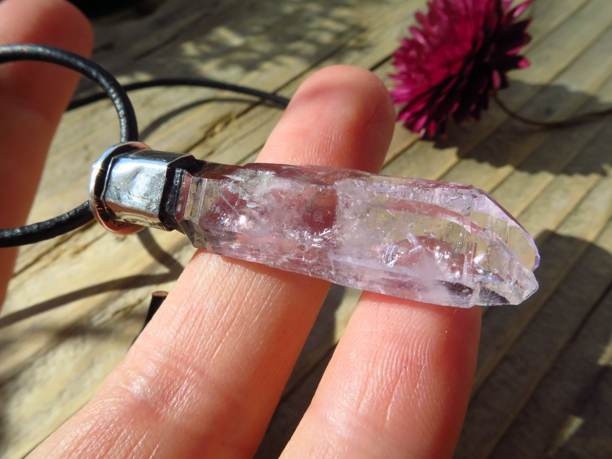 Veracruz Amethyst Natural double point Crystal Pendant Clear Natural Gemstone Set in 925 Sterling Silver Vera Cruz Mexico Leather