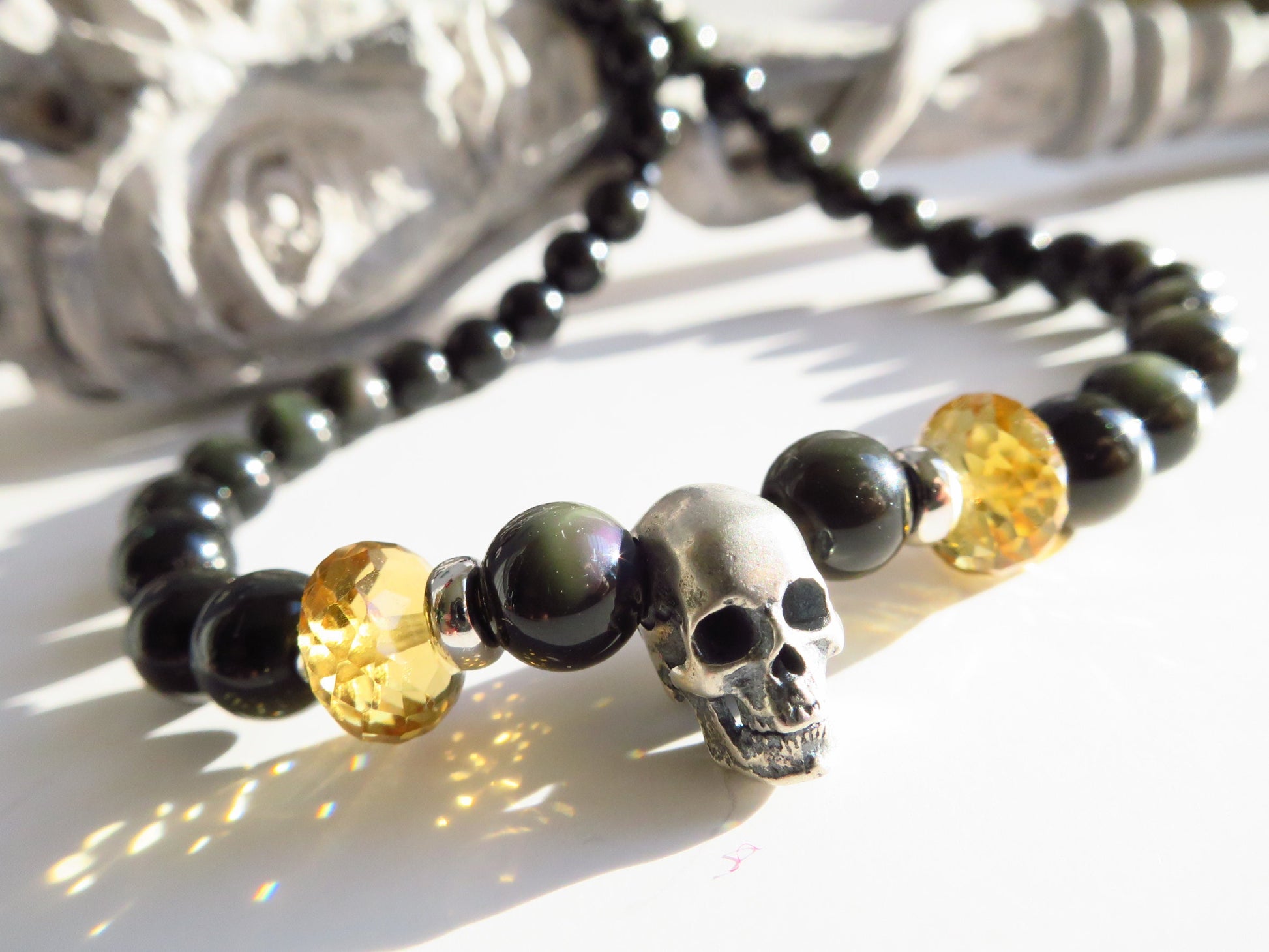 Regenbogen-Obsidan-Halskette mit Sterling Silber 925 Schädel Totenkopf Edelstahl Verschluss runde obsidian Perlen Citrin facettiert