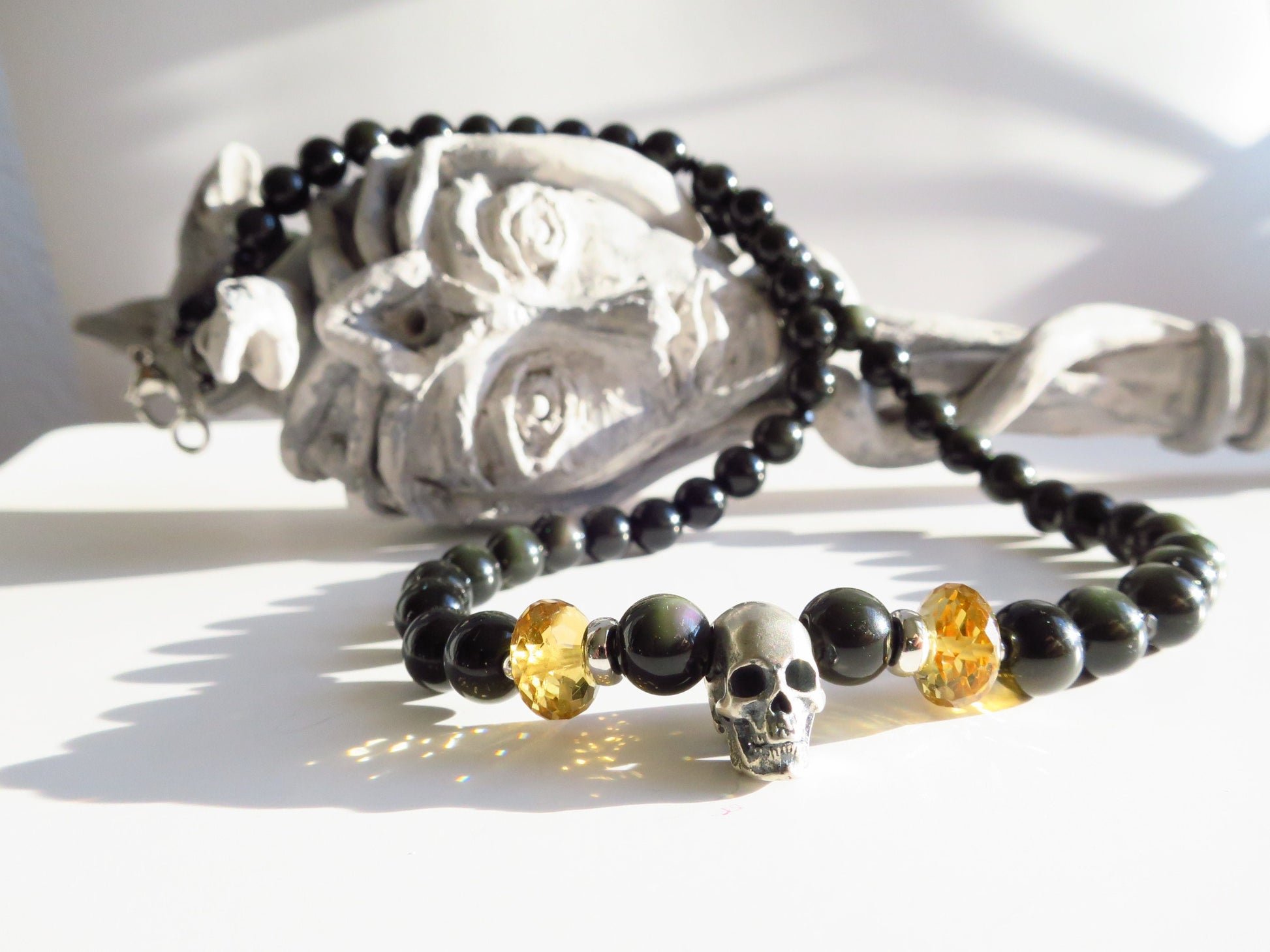 Regenbogen-Obsidan-Halskette mit Sterling Silber 925 Schädel Totenkopf Edelstahl Verschluss runde obsidian Perlen Citrin facettiert