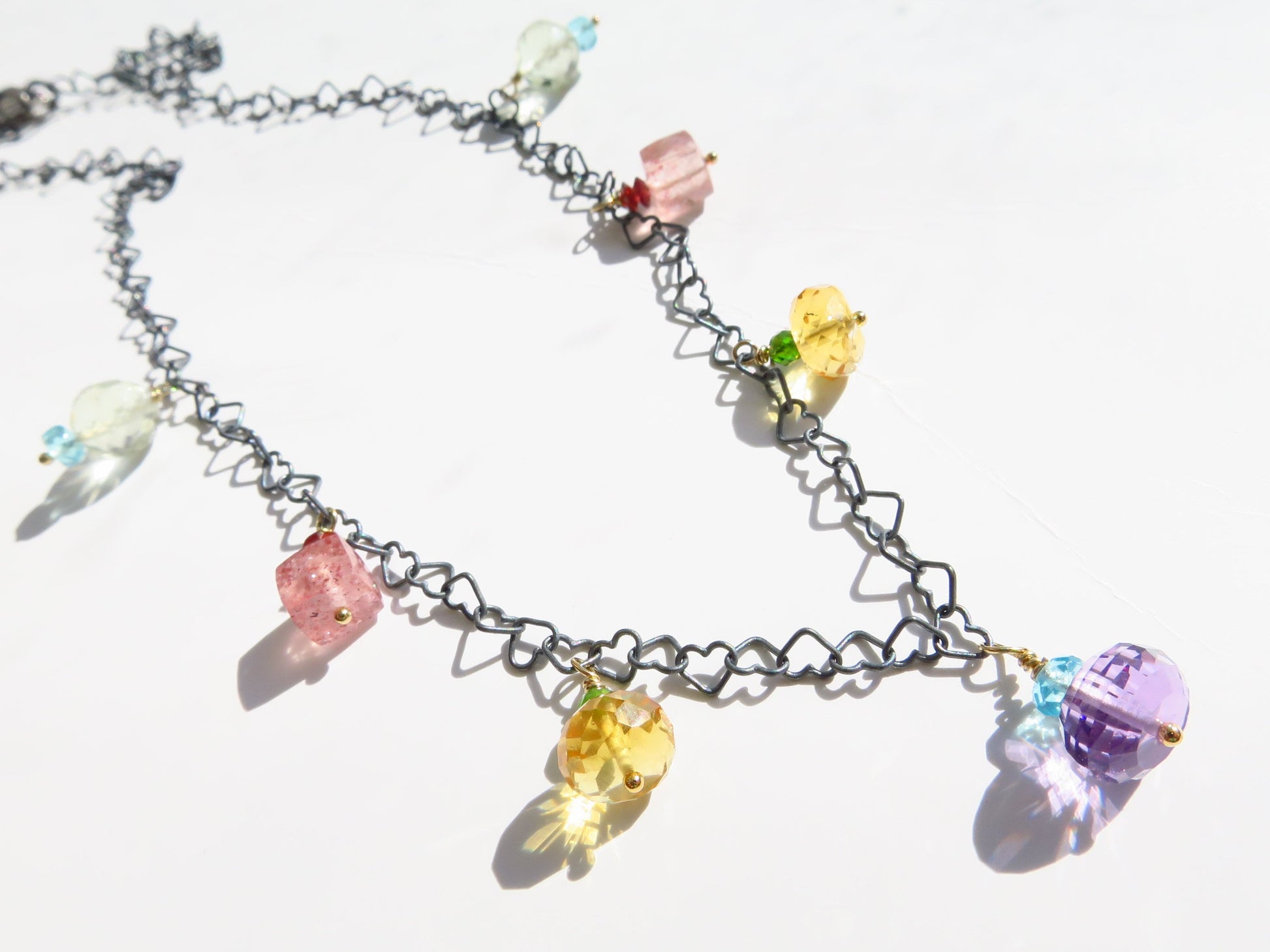 Colorful heart sterling silver chain 925 sterling silver heart with colorful faceted gemstones amethyst citrine garnet natural