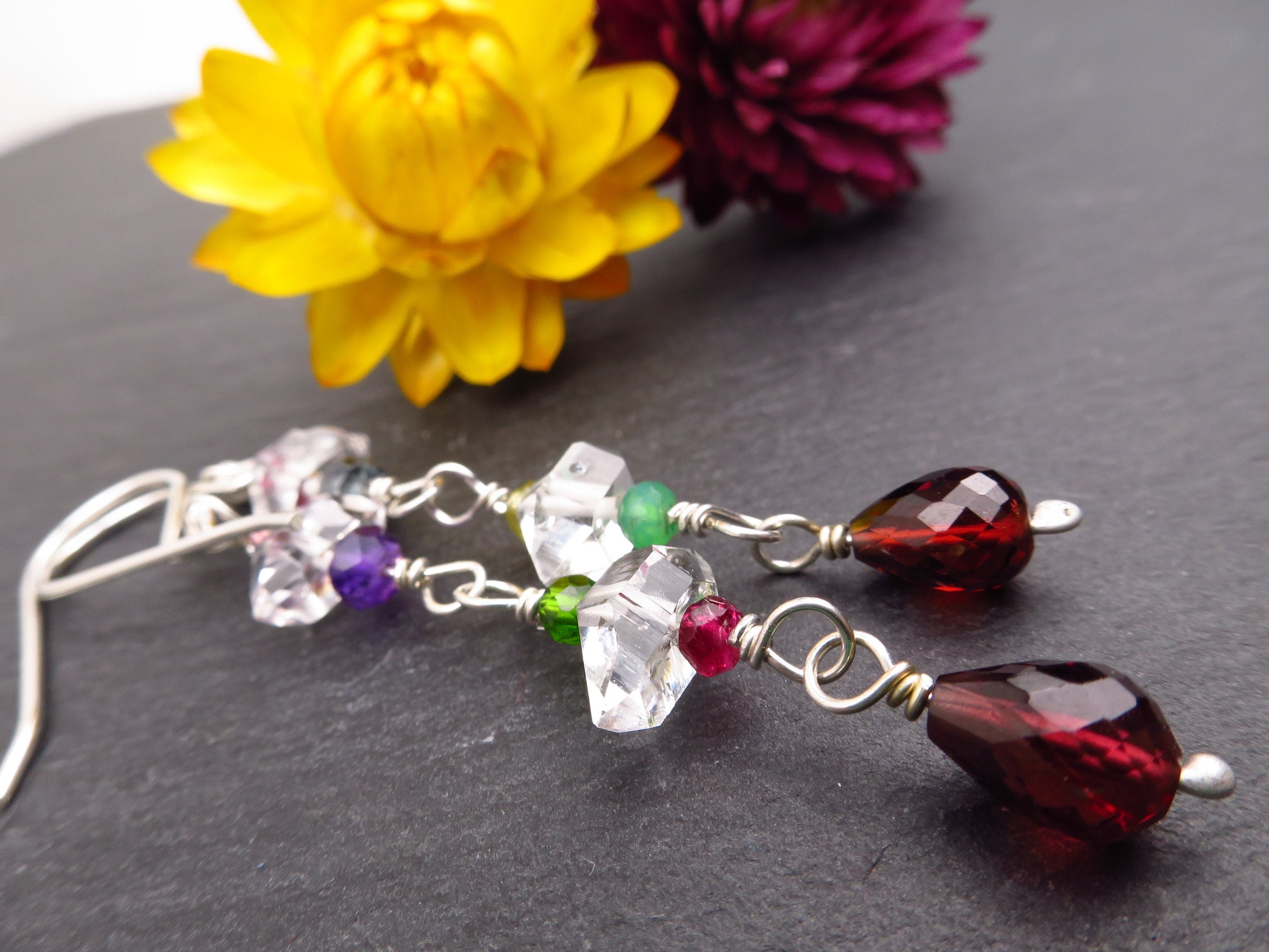 bunte Herkimer Diamanten Bergkristall Ohrringe mit Haken Granat Turmalin