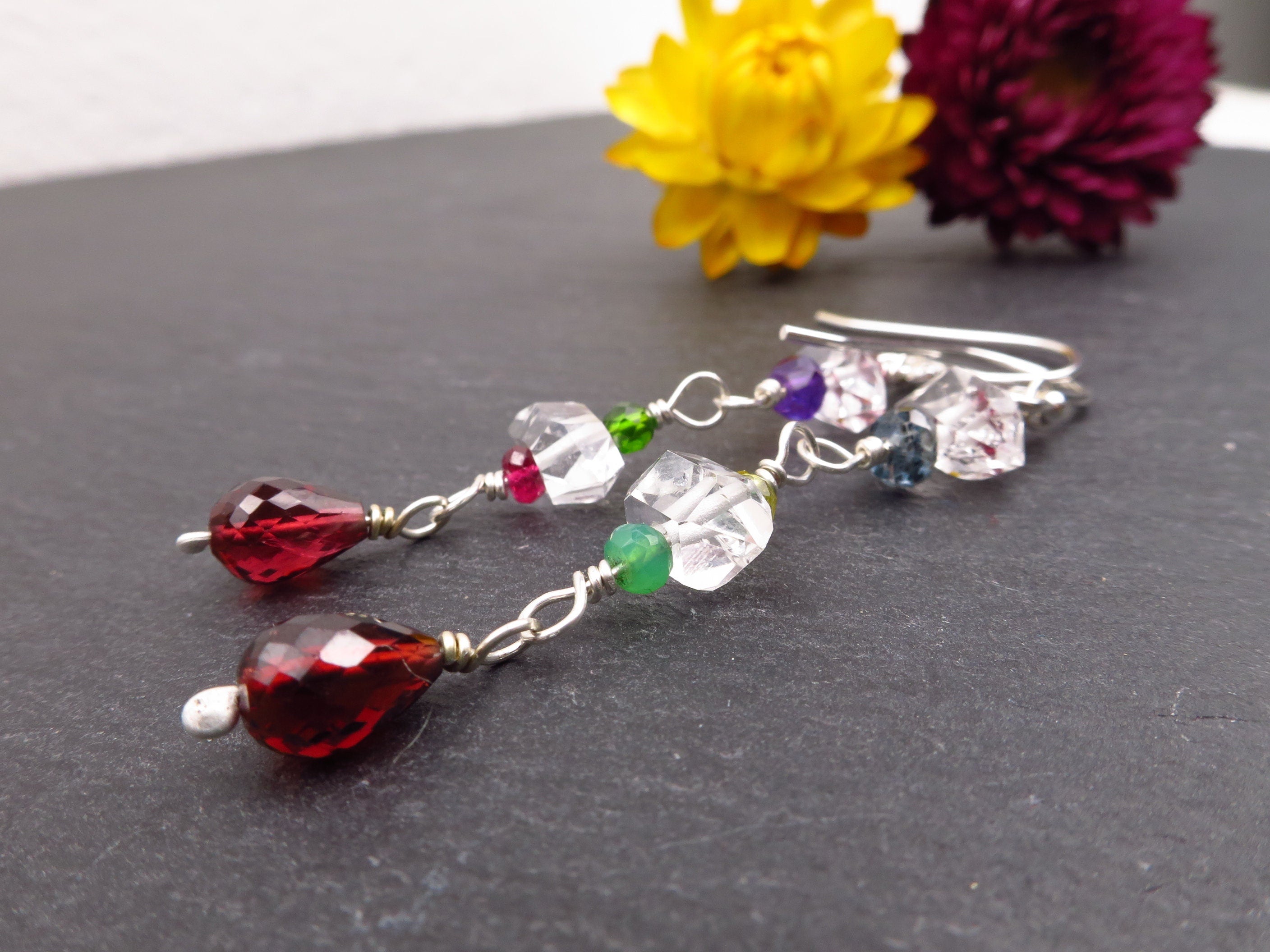 bunte Herkimer Diamanten Bergkristall Ohrringe mit Haken Granat Turmalin