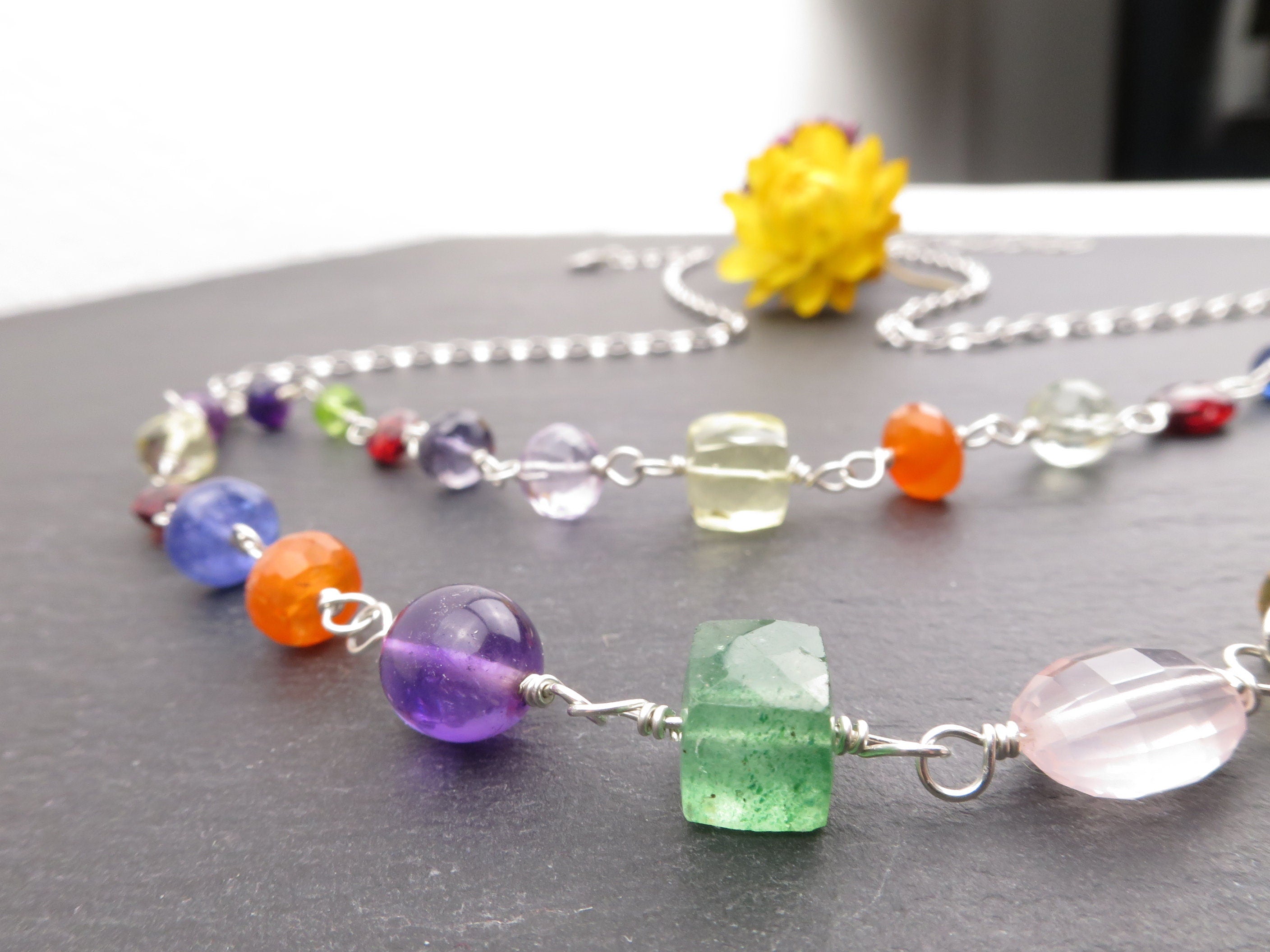 Bunte Rosenkranz Edelstein Kette Argentium Silber