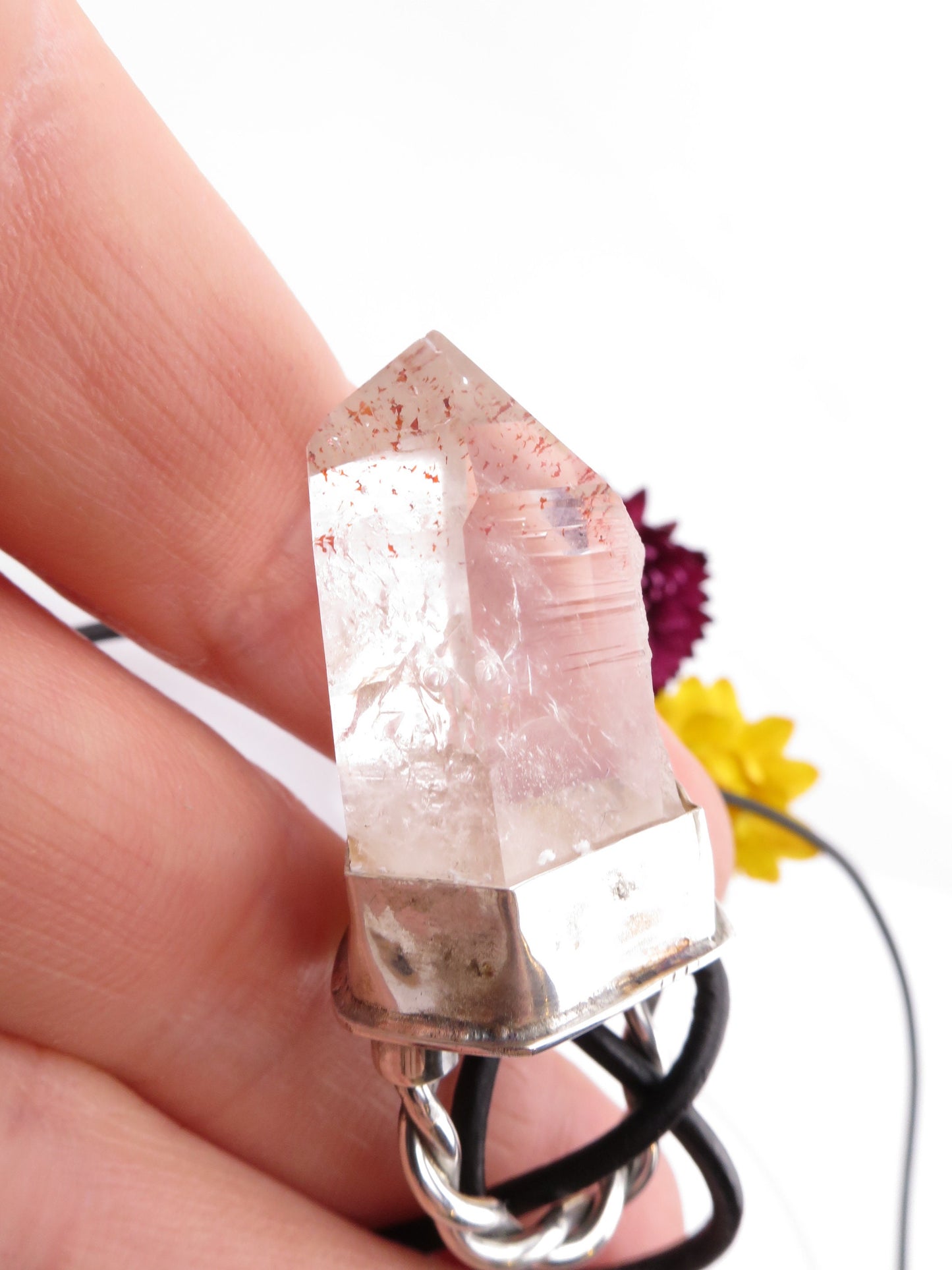 Namibia Brandberg Africa Rock crystal point Pendant Clear Natural crystal Set in 925 Sterling Silver with red hematite inclusions