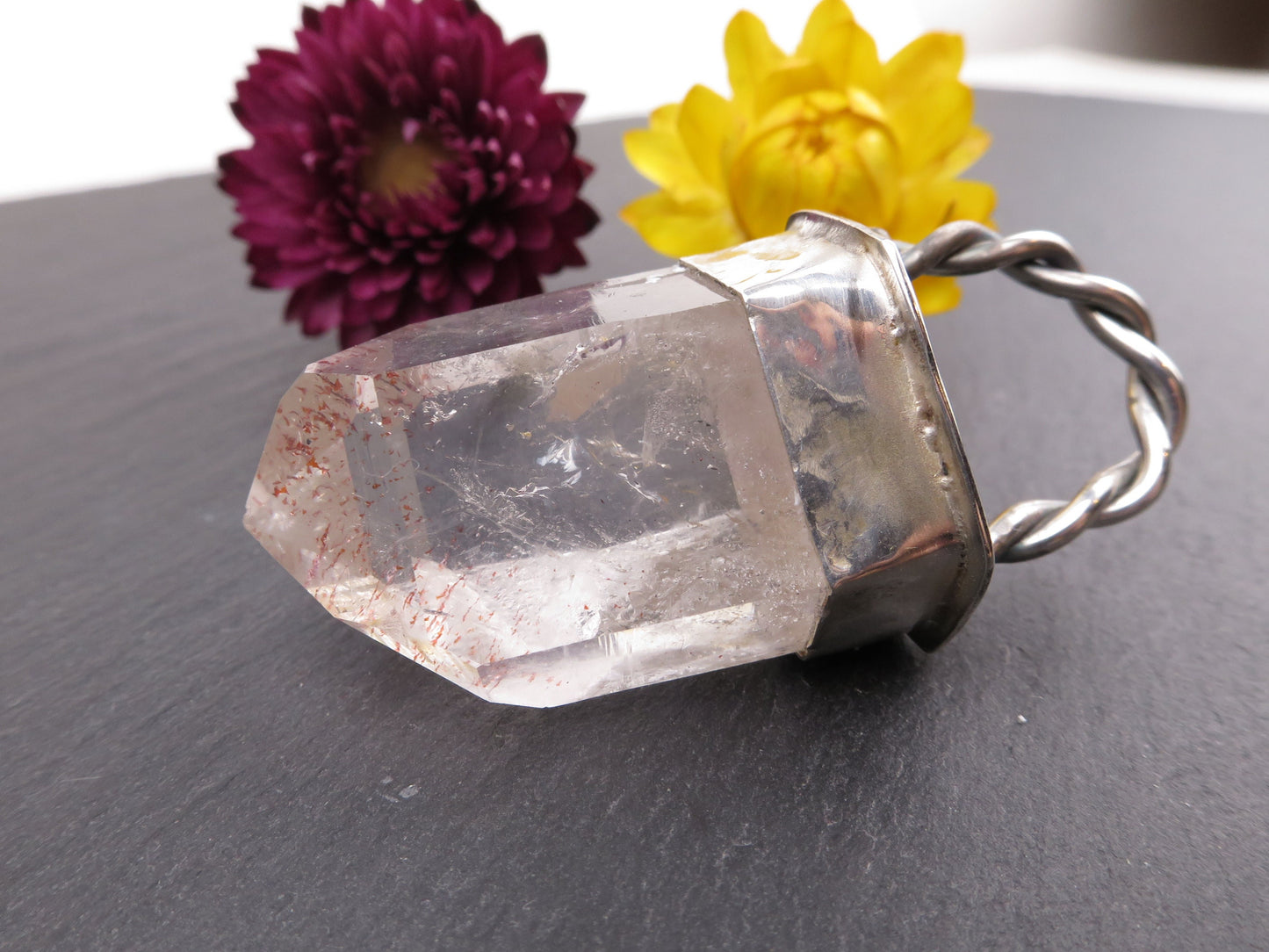 Namibia Brandberg Africa Rock crystal point Pendant Clear Natural crystal Set in 925 Sterling Silver with red hematite inclusions