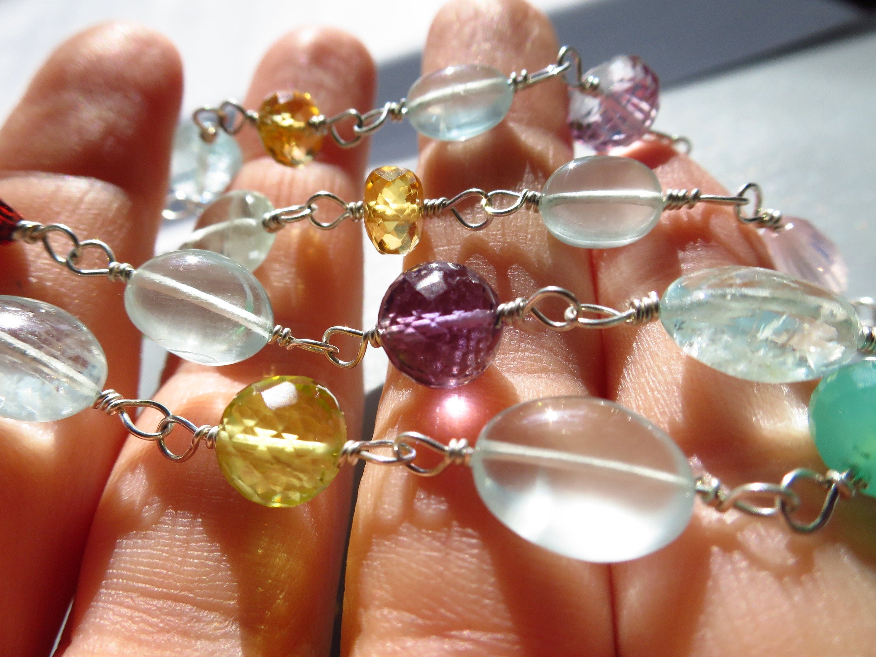 Rosenkranz Edelstein Kette bunt mit Argentium Silber Tansanit Aquamarin Rosenkranz Halskette