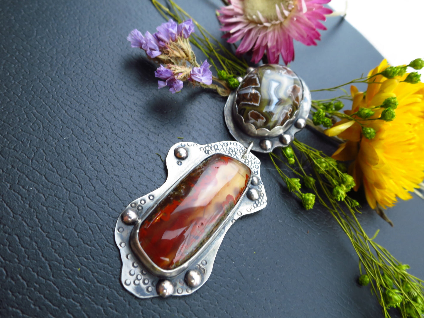 Fantastic Agate cabochon silver pendant Moroccan agate and Pseudomorph agate self cut set in 925 Sterling Silver untreated natural agate
