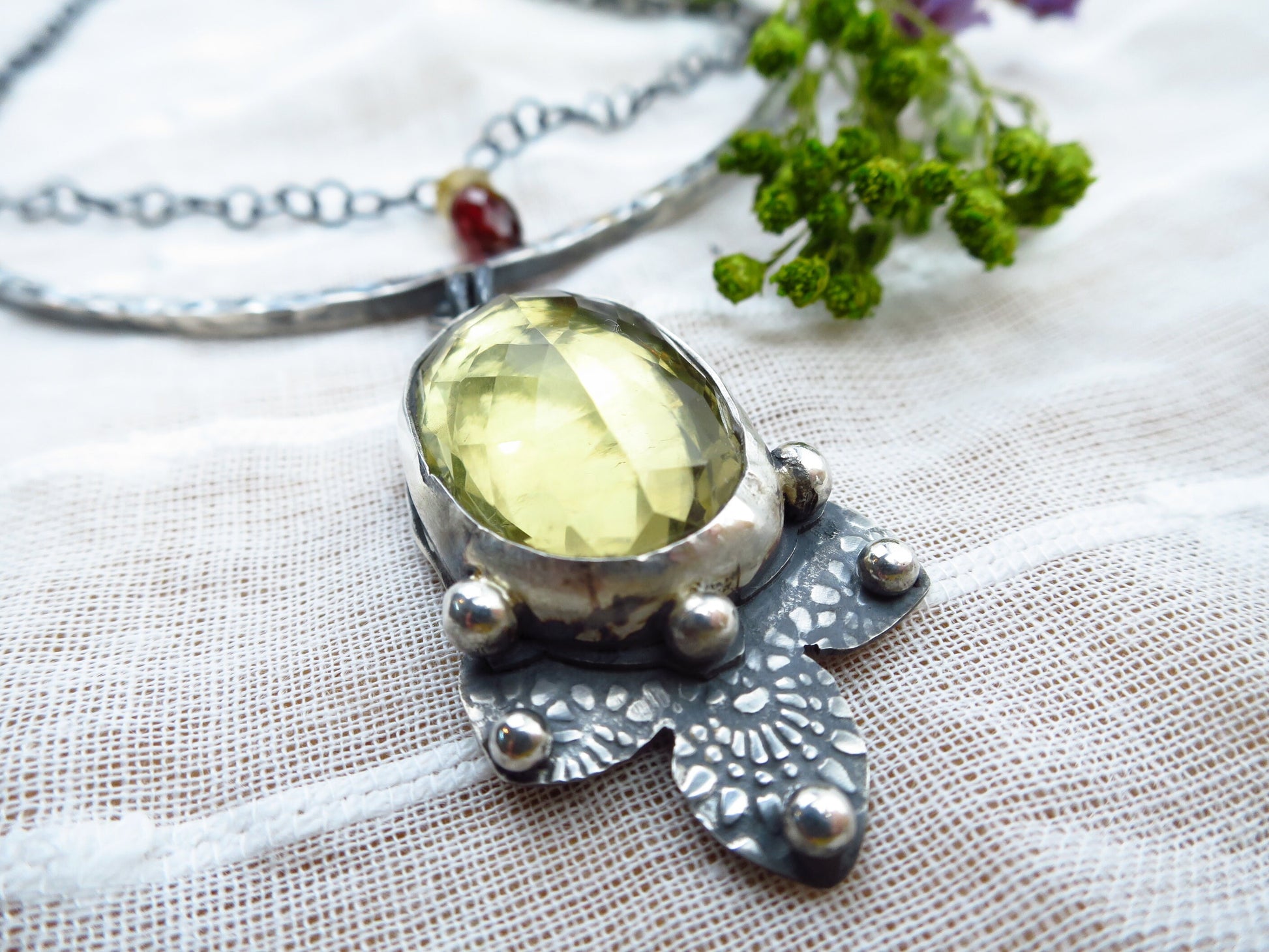 Luminous sun lotus citrine pendant necklace garnet Sterling Silver 925 Collier unique faceted gemstone natural