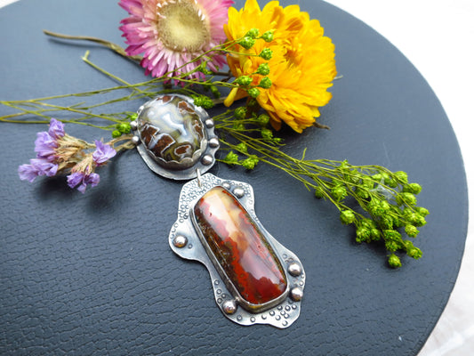 Fantastic Agate cabochon silver pendant Moroccan agate and Pseudomorph agate self cut set in 925 Sterling Silver untreated natural agate
