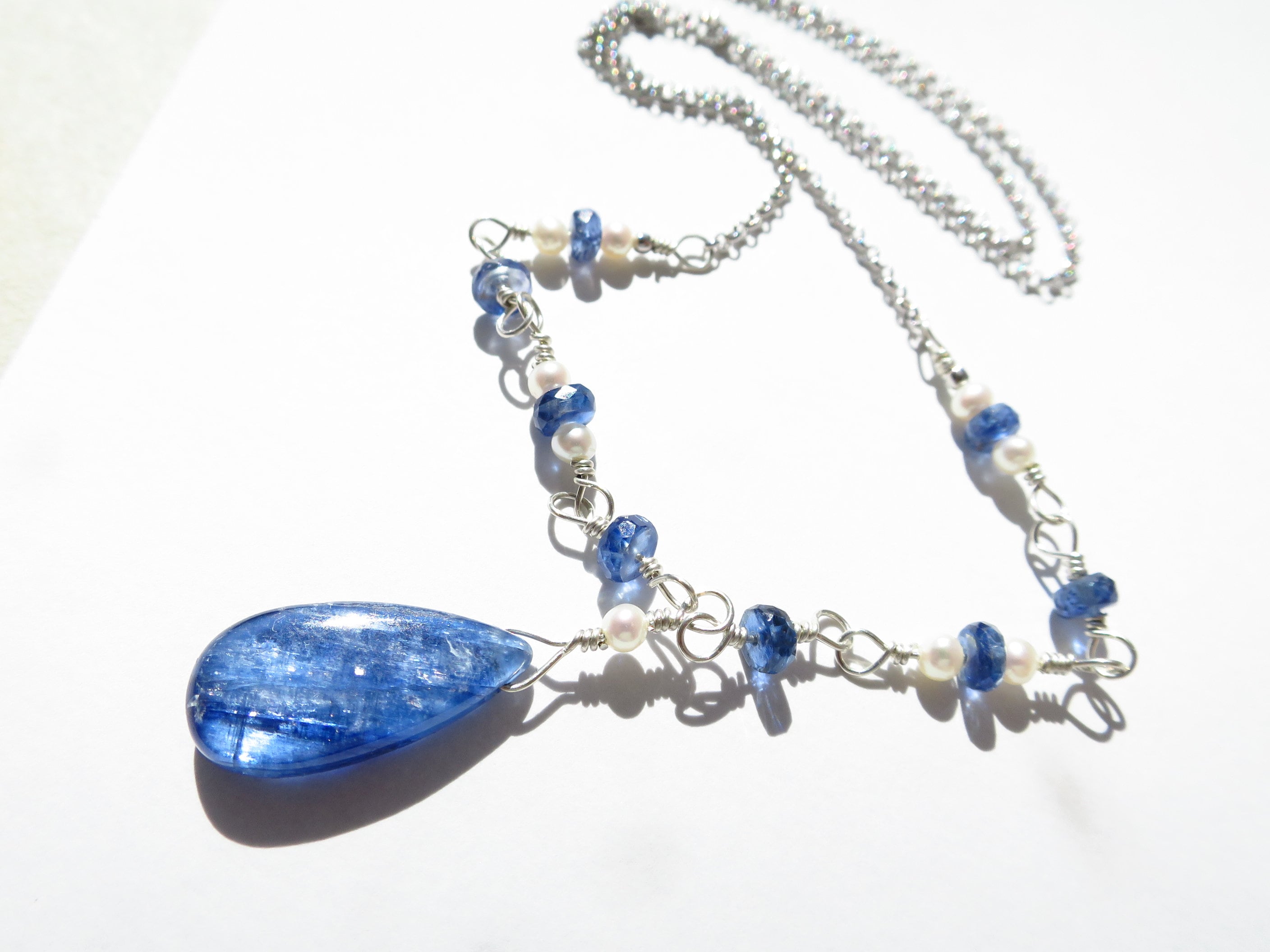 Kyanit Kette Silber Disthen Rosary Kette Silber Perlen Kette Silber Edelstein Kette Unikat Kyanit Tropfen Collier Perlen Halskette